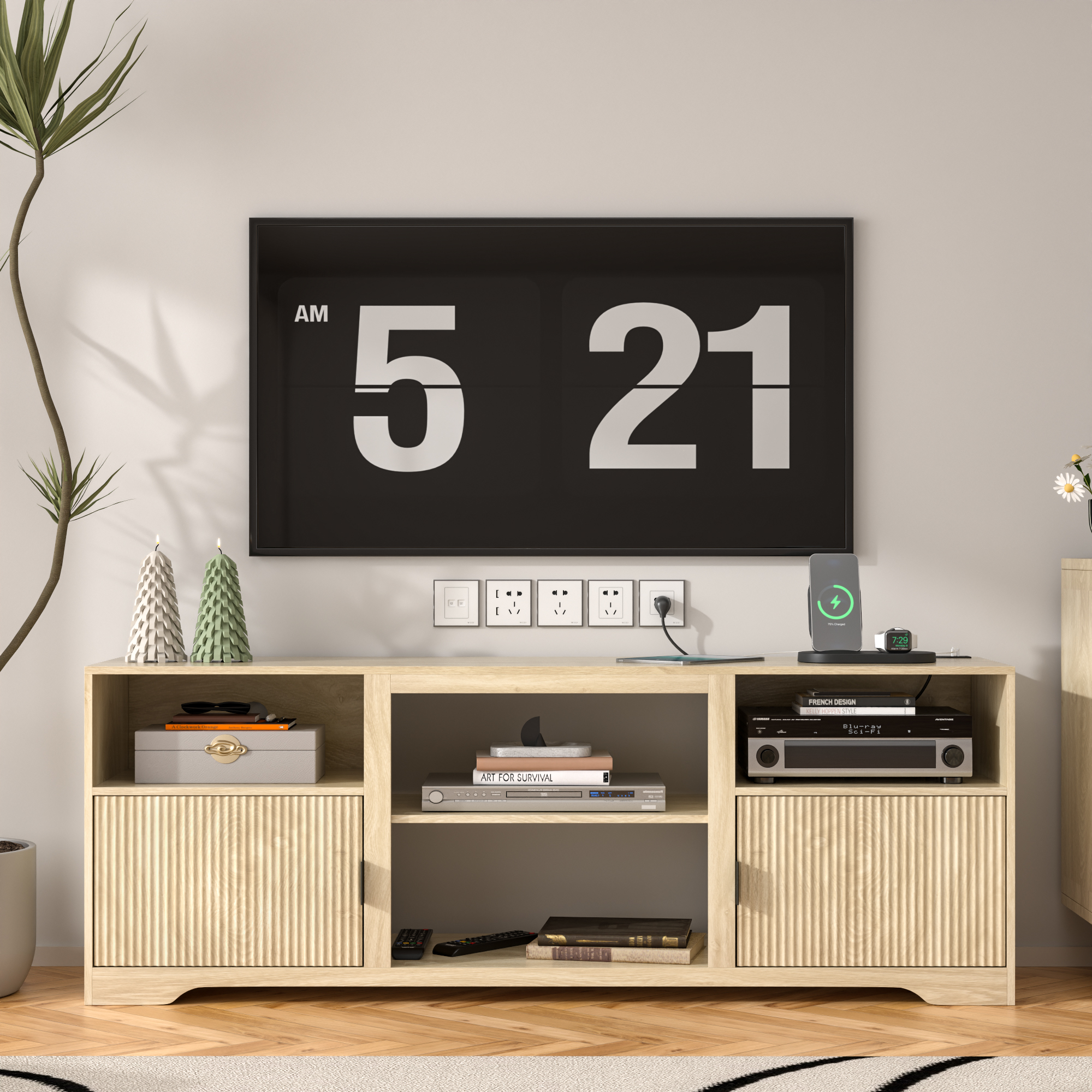 thumbnail video image 2 of Lisicues TV Stand for TVs up to 80", 68" Media Console Cabinet with Storage Shelves & Cord Holes, Mid-Century Modern Entertainment Center for Living Room, Bedroom, 2 of 8