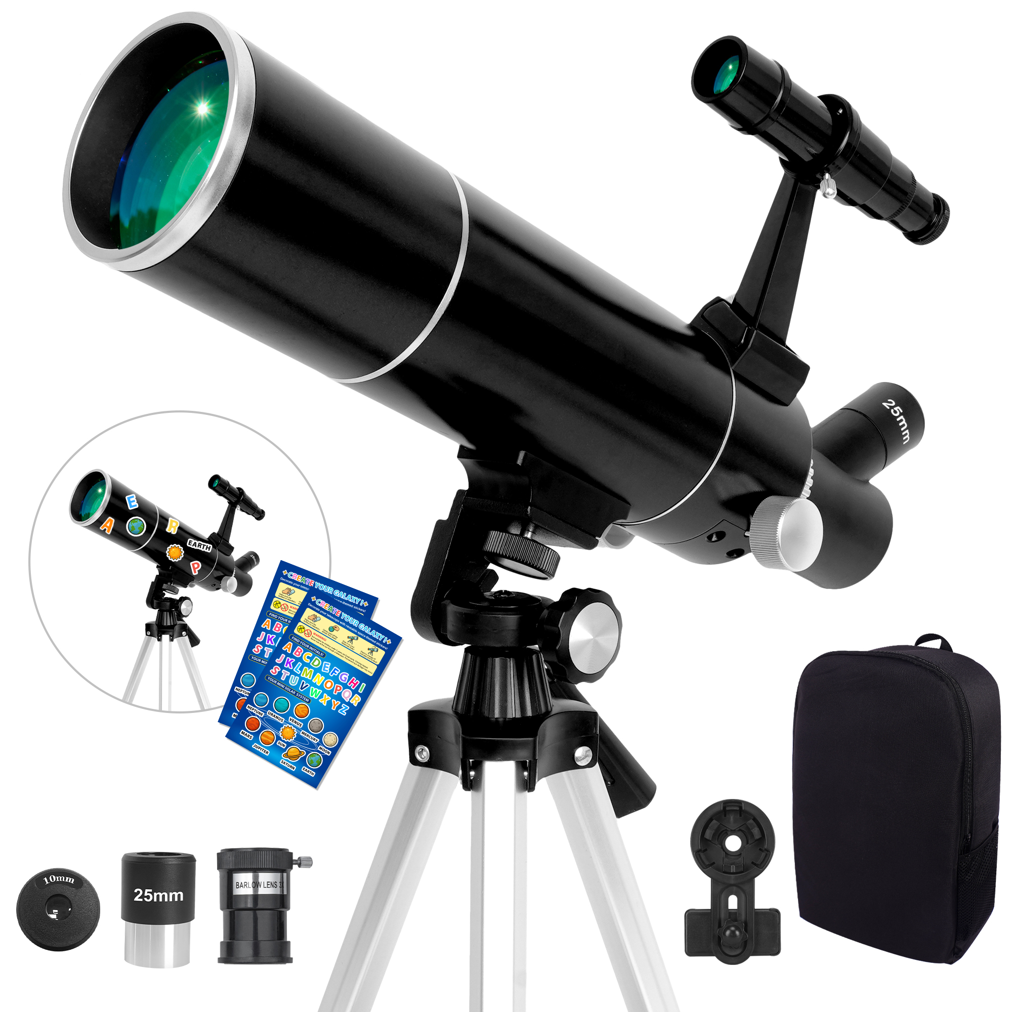 thumbnail video image 2 of Telescope for Adults & Kids Beginners, 80mm Aperture 500mm Telescopes for Adults Astronomy, (20X-150X) Portable Refractor Telescope Kit with Decorate Stickers, Backpack, Phone Adapter-Black, 2 of 8