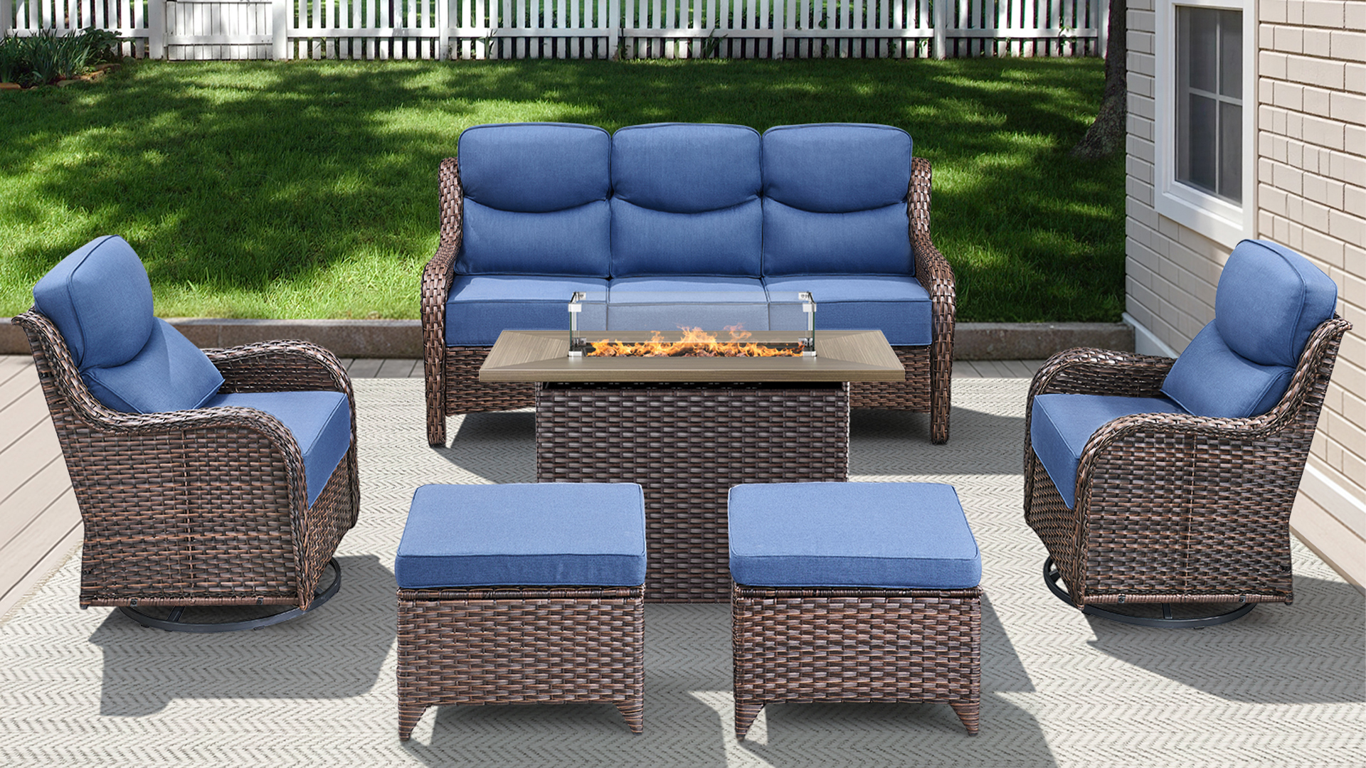 thumbnail video image 2 of Opohoro 5 Pieces Outdoor Conversation Set with 30" Square Fire Pit Table, Gray Rattan Furniture Set with Swivel Rocker Chairs, Beige for Patio Backyard Deck, 2 of 17