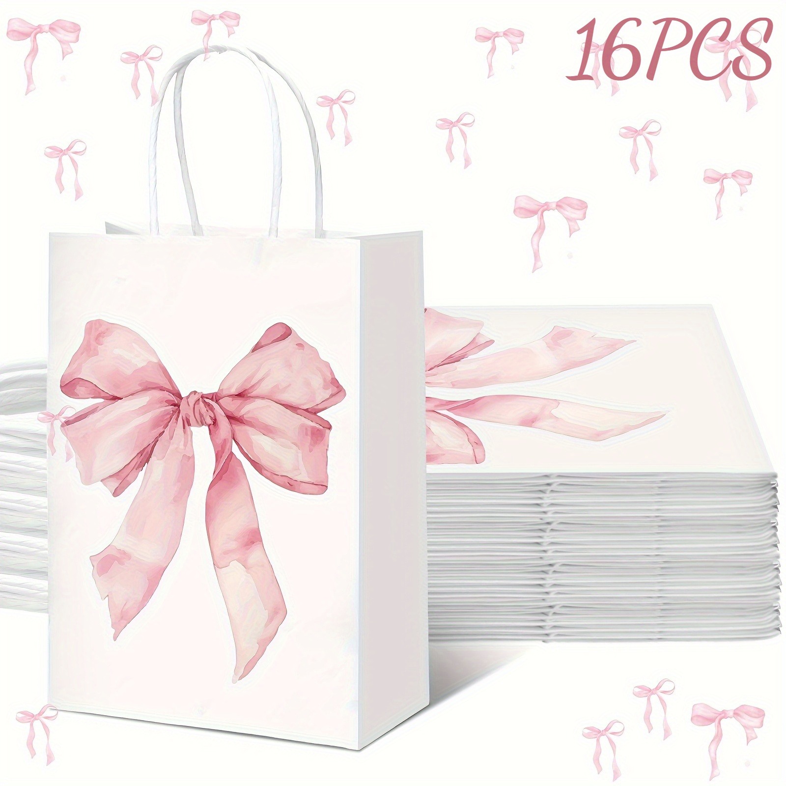 thumbnail video image 2 of 16 Pcs Coquette Pink Bow Paper Gift Bags with Handles - 8.3x5.9x3.1 Inch White & Pink Watercolor Design, Elegant Party Supplies for Women's Birthday, Christmas, Bridal & Engagement Celebrations, 2 of 5