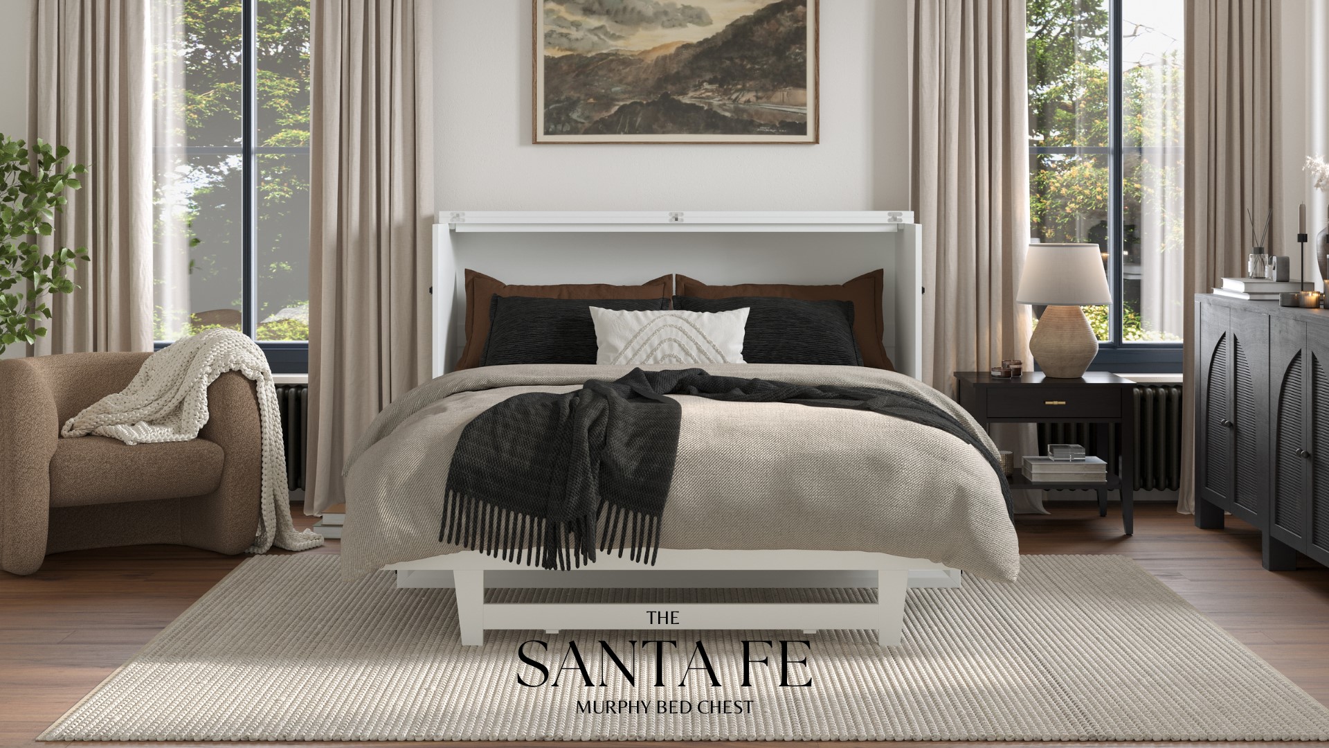 thumbnail video image 2 of AFI Santa Fe Full Wood Murphy Bed Chest with 6" Mattress and Charger, Walnut, 2 of 19