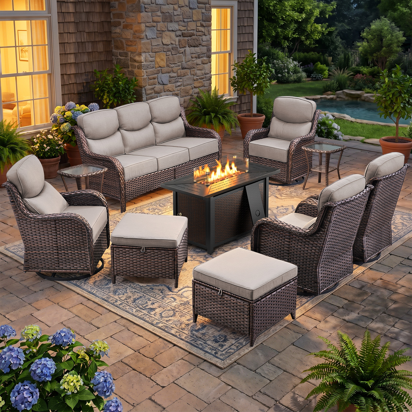 thumbnail video image 2 of Bellefurn 5 Pieces Luxury Outdoor Patio Furniture Set Outdoor Conversation Set Outdoor Swivel Rocker Patio Chairs with 6" Thick Cushion,Sofa and Ottomans for Porch Deck Backyard Poolside, 2 of 14