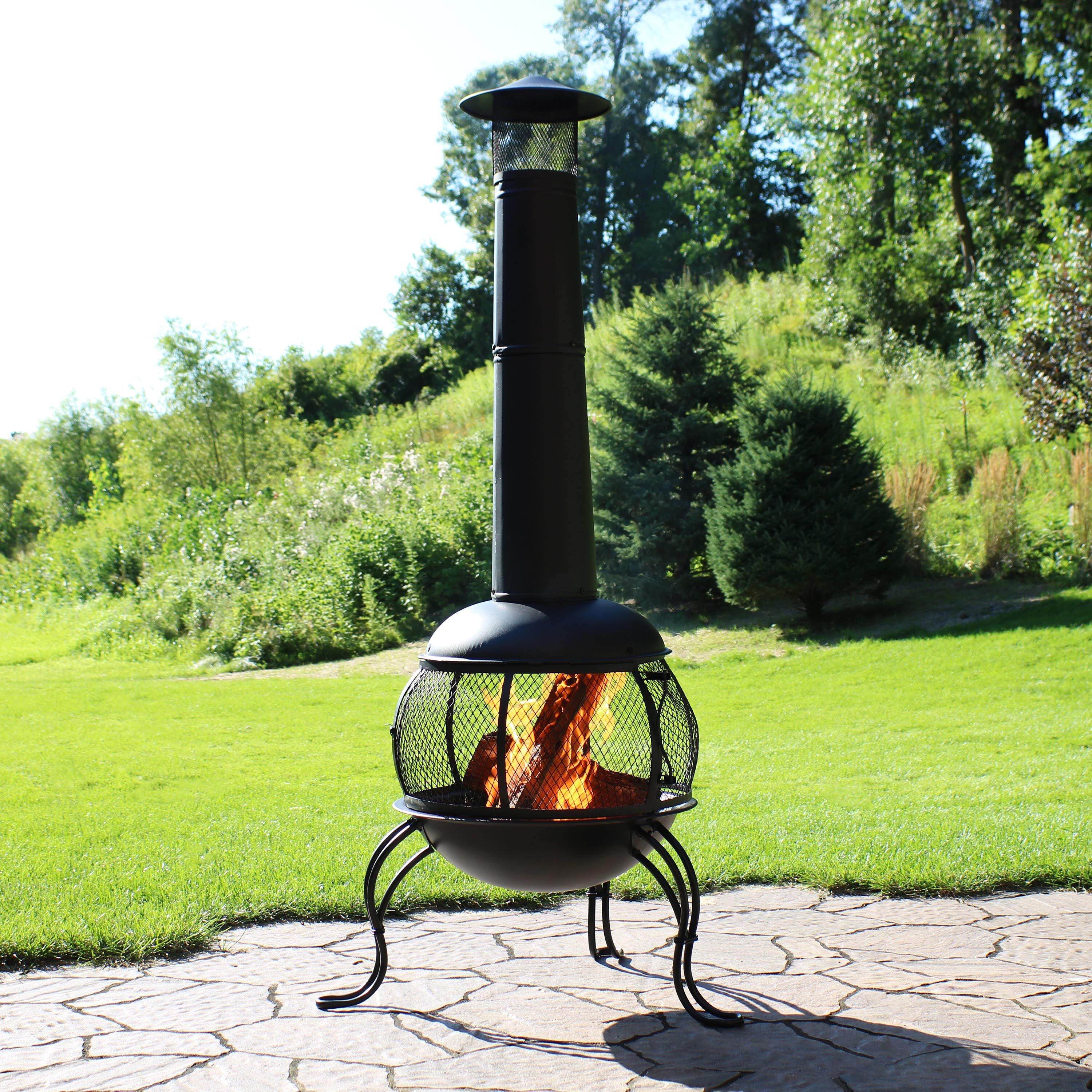thumbnail video image 2 of Sunnydaze 66" Black High-Temperature Paint Finish Steel Wood-Burning Chiminea with Rain Cap, 2 of 9