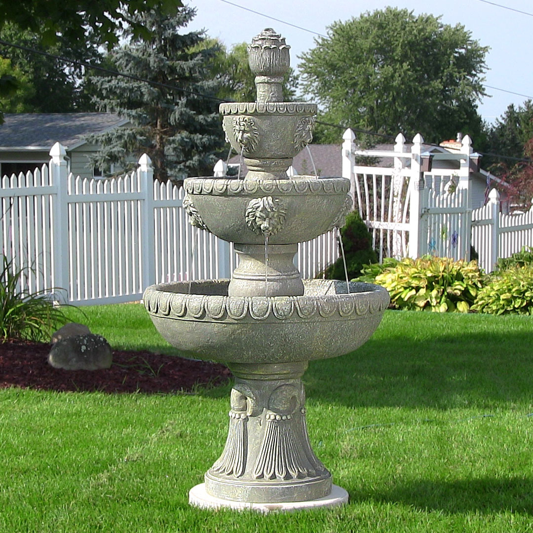 thumbnail video image 2 of Sunnydaze Lion Head Traditional Resin 3-Tier Outdoor Water Fountain, 2 of 9