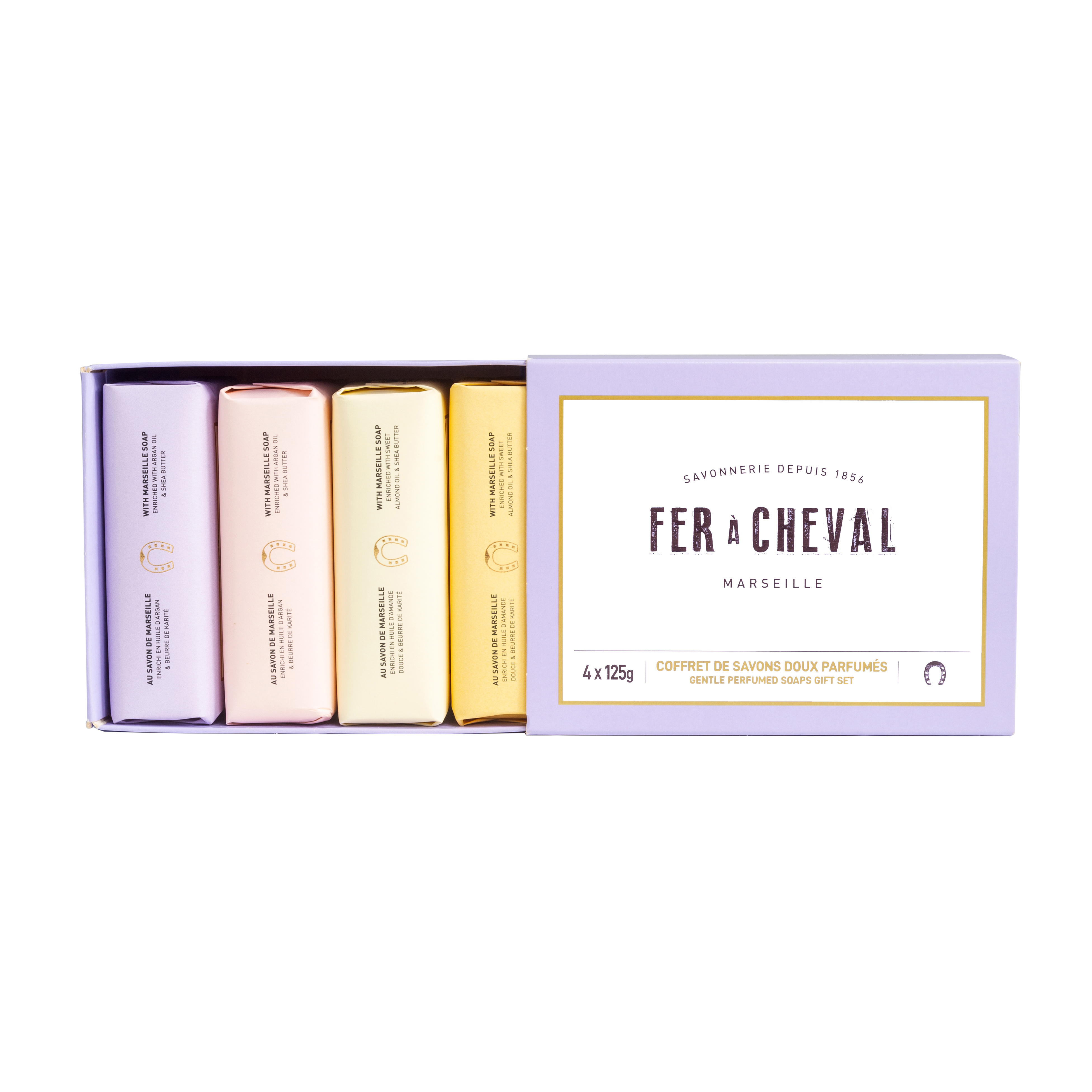thumbnail video image 2 of Fer A Cheval Bar Soap Gift Set 4 Gentle Perfumed soaps , Rose Petals, Lavender, Honey & Almond, White Tea & Yuzu, 125g each 4 x 125gm France, 2 of 10