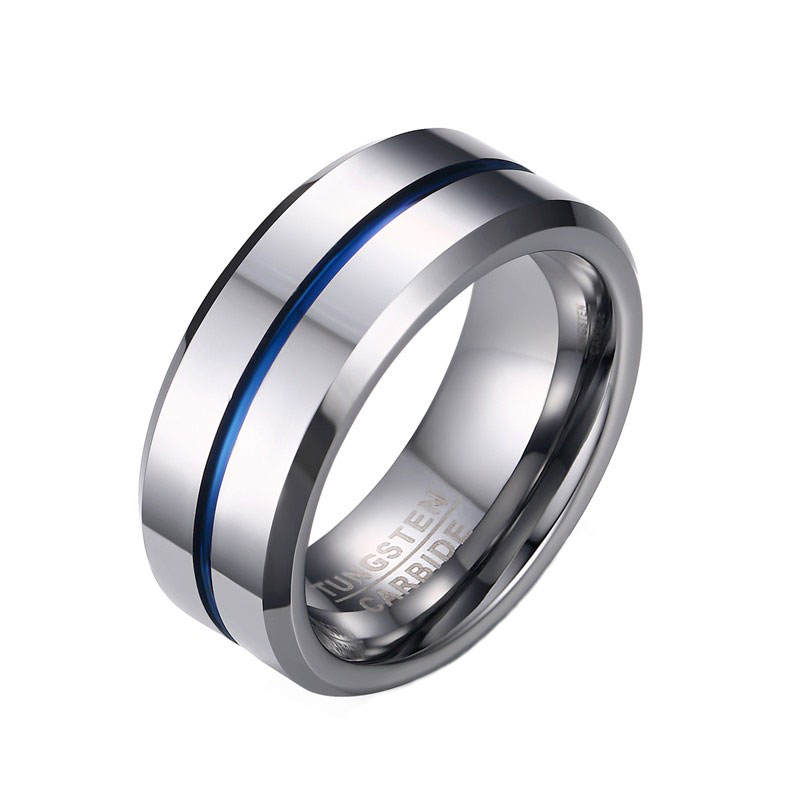 thumbnail video image 2 of Newshe Jewellery Tungsten Rings for Men Mens Wedding Bands for Him Groove Ring Carbide Blue Line 8mm Engagement Promise Size 9, 2 of 6