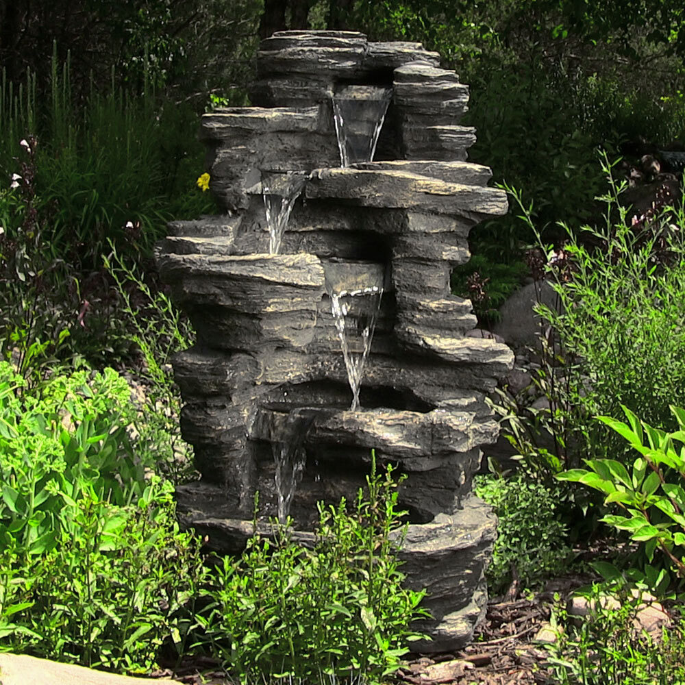 thumbnail video image 2 of Sunnydaze Rocky Falls Polystone Outdoor Water Fountain with Lights, 2 of 10