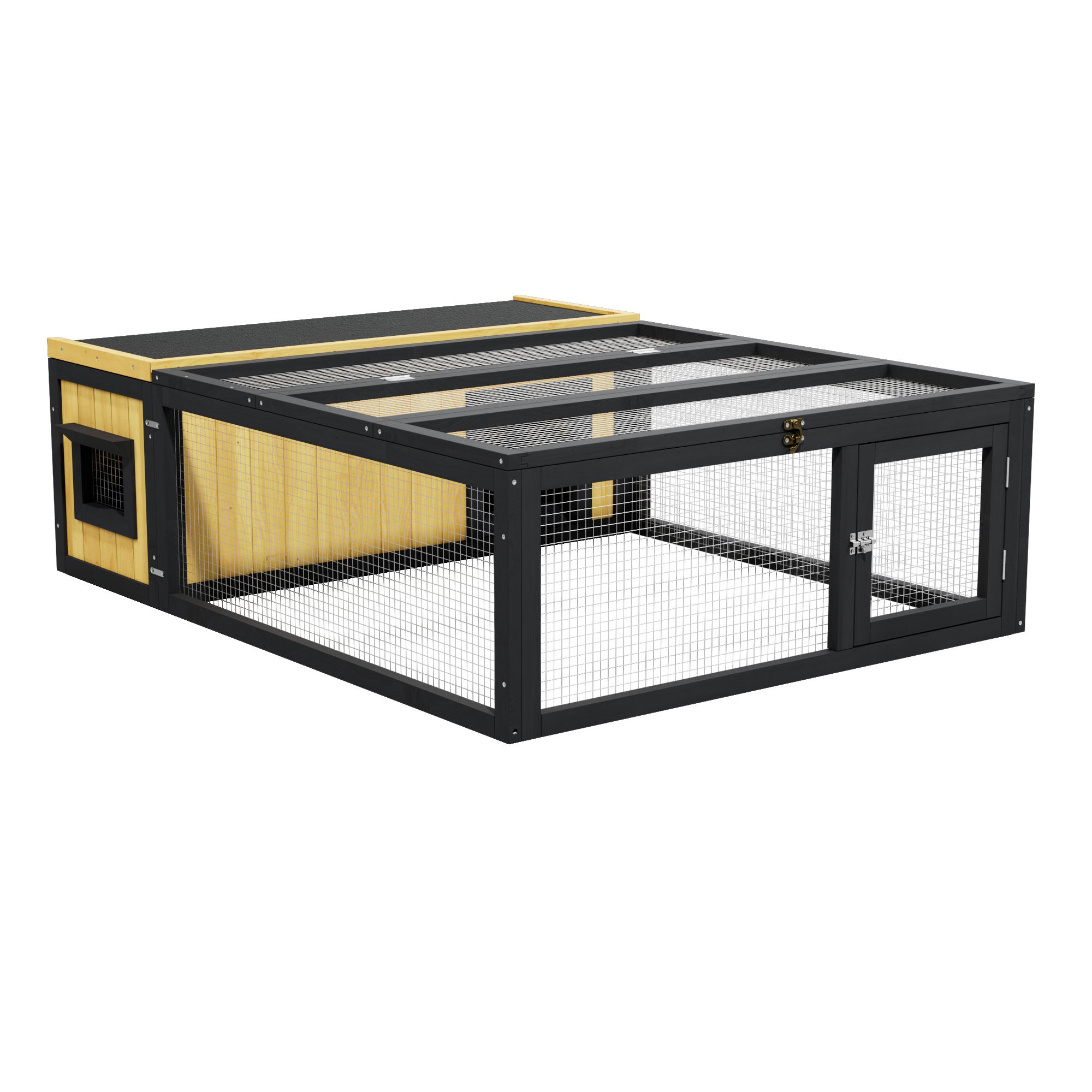 thumbnail video image 2 of Outdoor Wooden Rabbit Hutch Guinea Pig Cages Tortoise Enclosure Small Animal Hutch Enclosure, Asphalt Roof, Floorless Design, 2 of 9