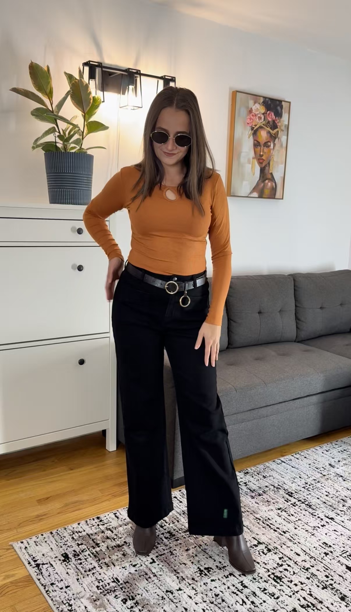 thumbnail video image 2 of Ladybranch Womens Long Sleeve Shirts Tops Blouses Fall Fashion Base Tee Cutout Neck Drop Shape Slim Brown, 2 of 8