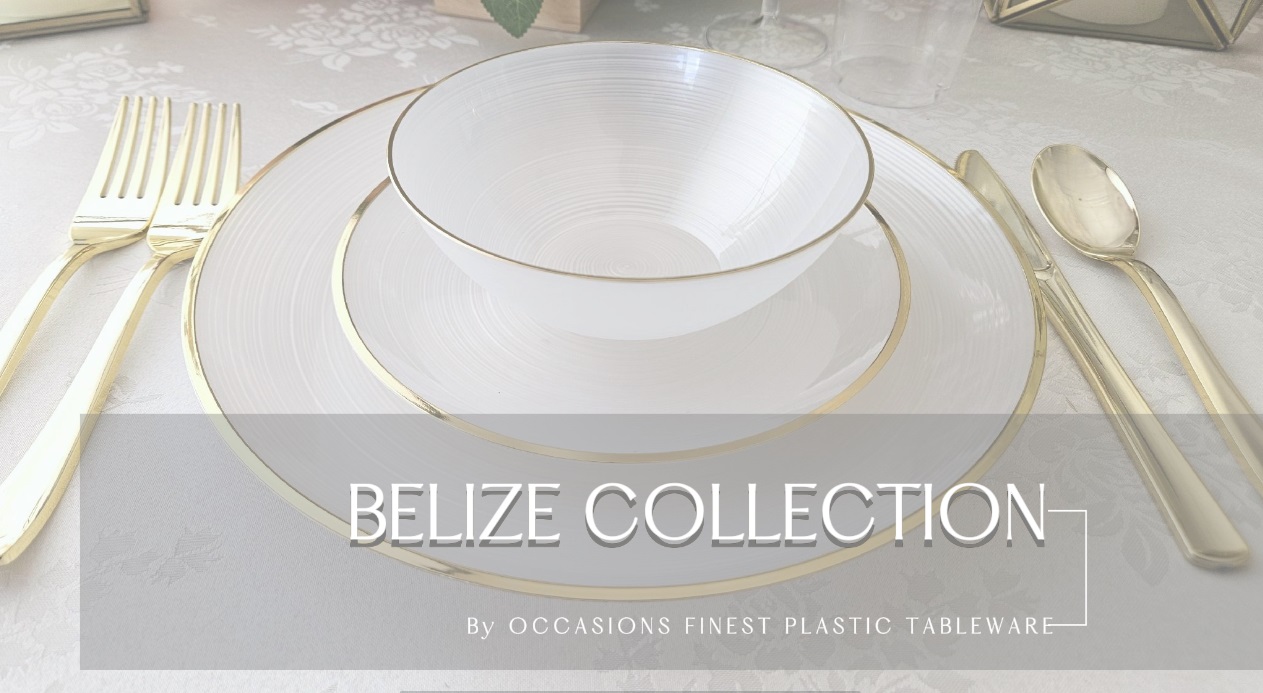 thumbnail video image 2 of " OCCASIONS " 150 Piece set (25 Guests)-Wedding Plastic Plates & cutlery -Disposable Dinnerware 10'', 7'' + Gold Silverware w/double fork (Belize in White Pearl & Gold), 2 of 8