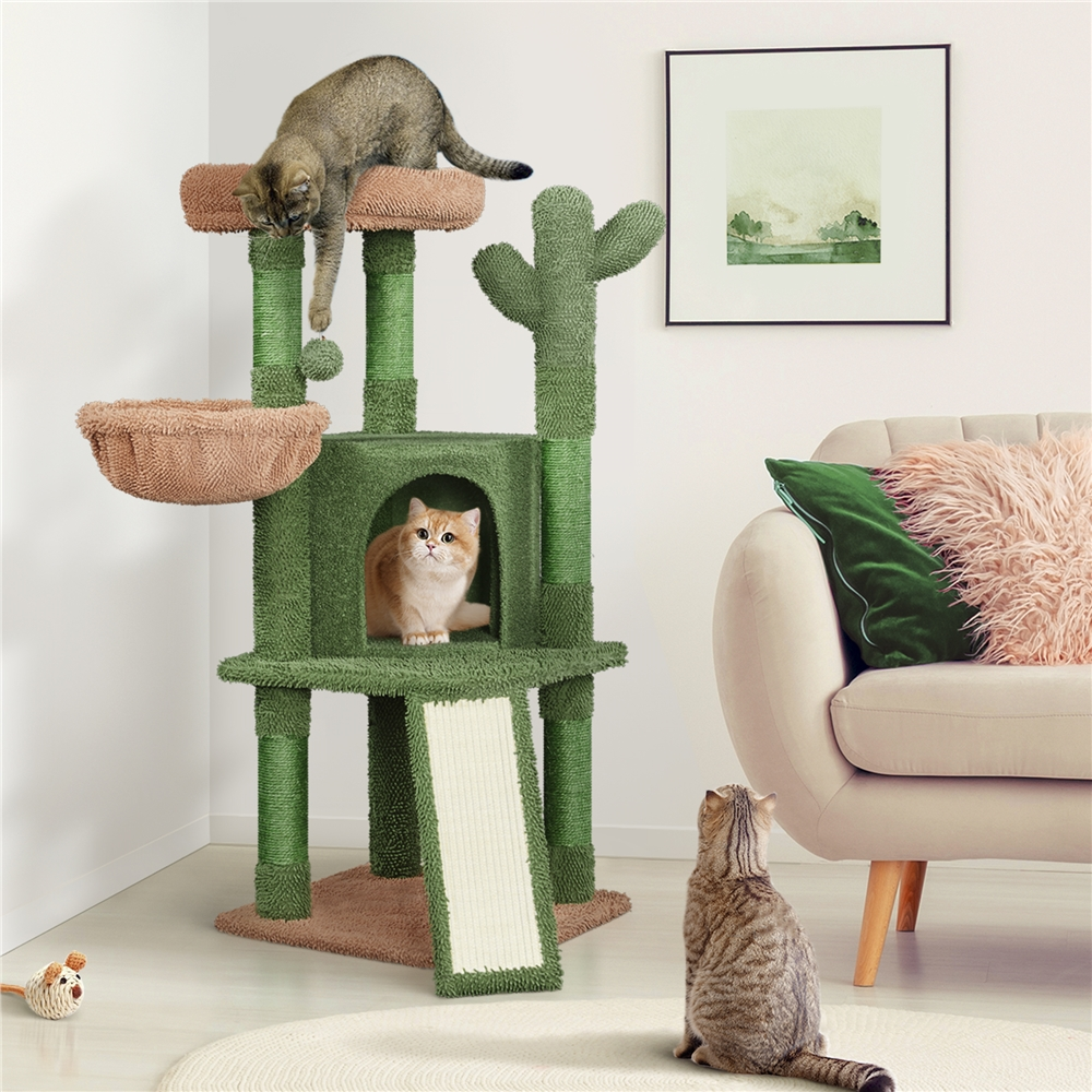 thumbnail video image 2 of Yaheetech 42'' H Cactus Cat Tree with Natural Sisal,Platform, Condo,Green/Brown, 2 of 10