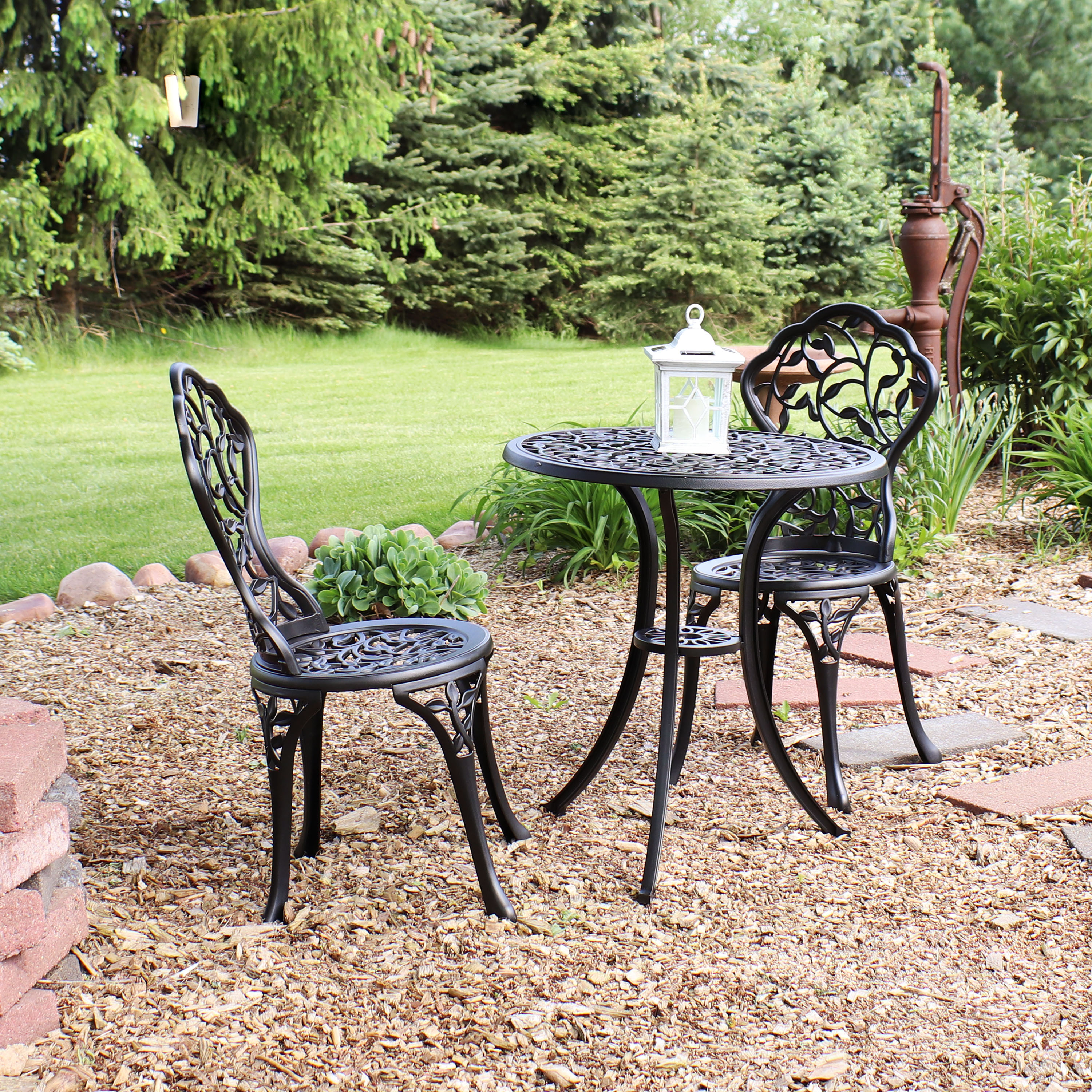 thumbnail video image 2 of Sunnydaze Flower 3-Piece Cast Aluminum Outdoor Bistro Set with 2 Chairs and Table, Black, 2 of 9