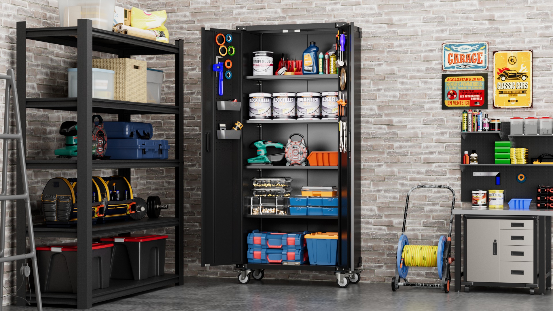 thumbnail video image 2 of GAEANET 72 inches Metal Garage Storage Cabinet with Wheels, Locking Tall Steel Storage Cabinet with 2 Doors and 4 Shelves, Rolling Storage Cabinet for Office, Garage, Assembly Required, Black, 2 of 8