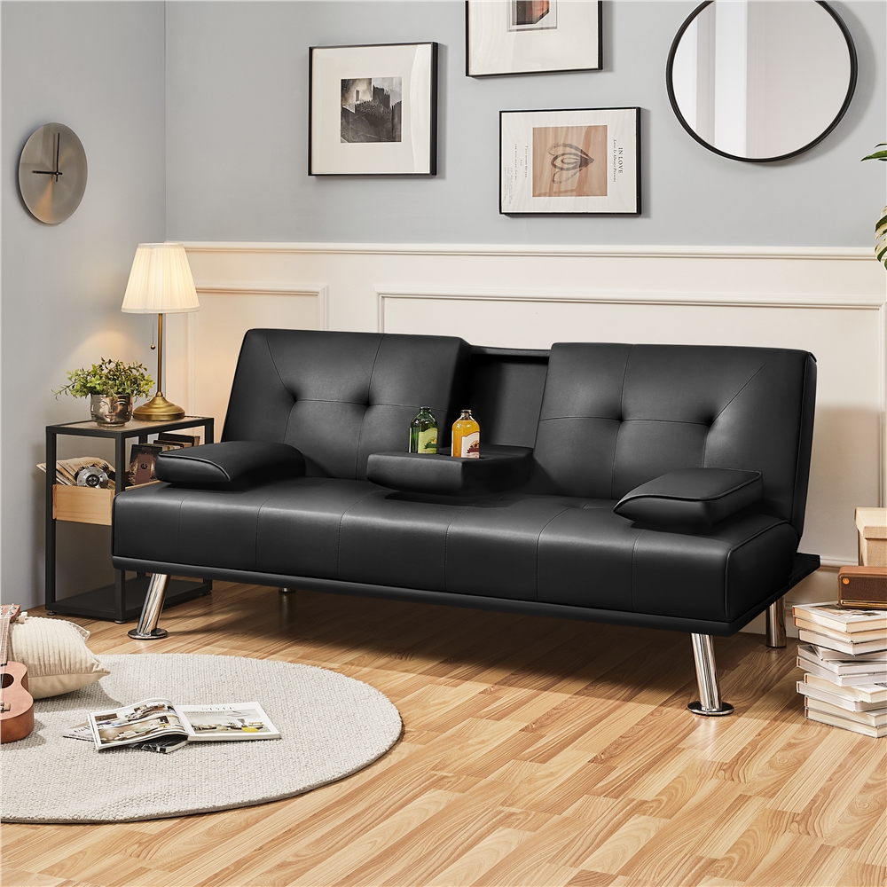 thumbnail video image 2 of Renwick LuxuryGoods Modern Faux Leather Futon with Cupholders and Pillows, Black, 2 of 10