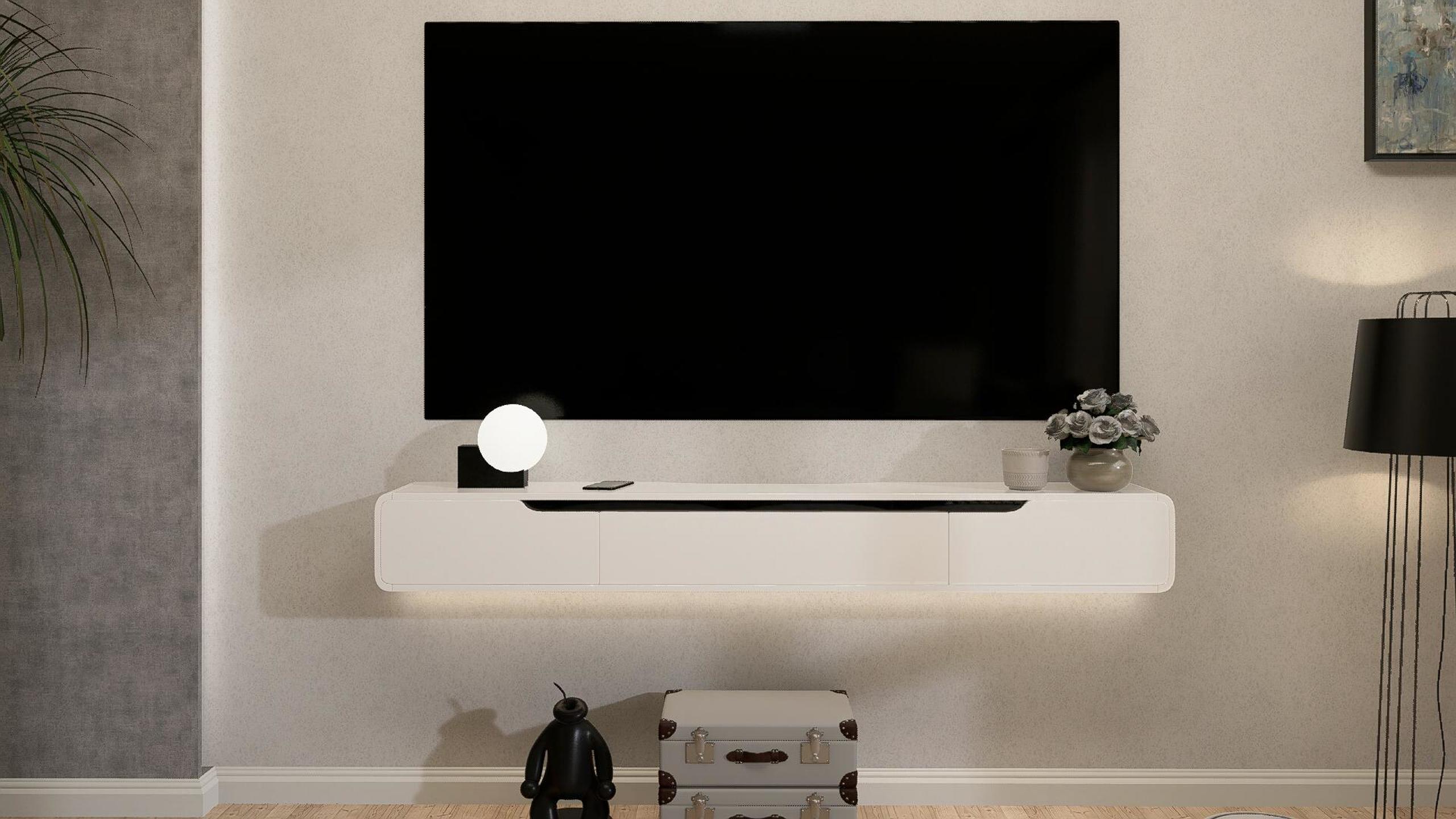 thumbnail video image 2 of FloatiCasa 55-Inch High Gloss Floating TV Stand Wall-Mounted Entertainment Center for TVs up to 60" Modern Minimalist Floating TVStand, 2 of 15
