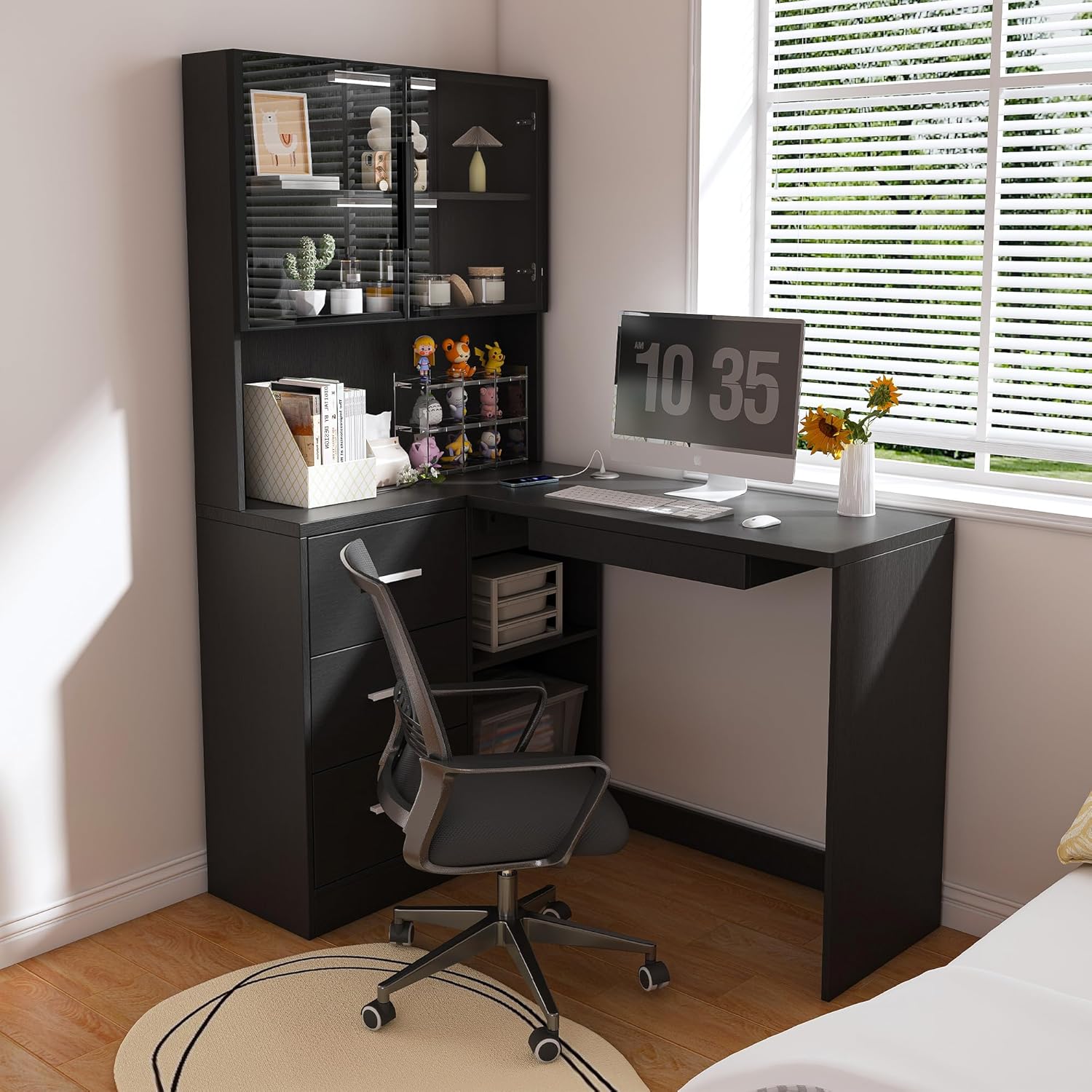 thumbnail video image 2 of Montary Corner L-Shaped Computer Desk with Glass Display Cabinets & Built-in LED Lights - Office Desk with USB Charging Ports, Keyboard Tray,Compact and Functional Design,Black, 2 of 10