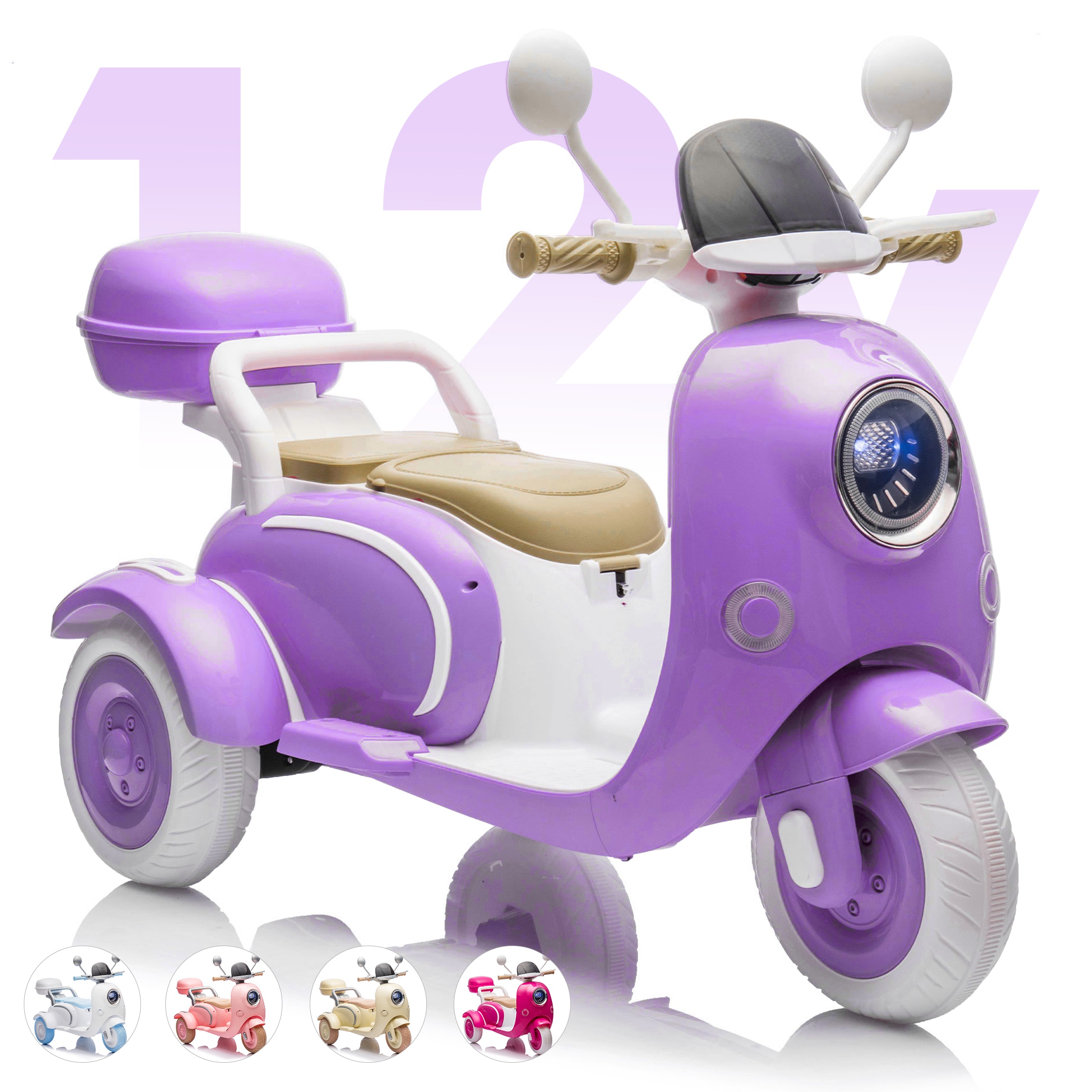 thumbnail video image 2 of QEEKA 12V Electric Kids Motorcycle,2 Seater Ride on 3 Wheel Scooter,Multi-function player,USB,Bluetooth,light,Backseat flip adult seat,Oversized Storage Box for kids Aged 3-6,Purple, 2 of 10