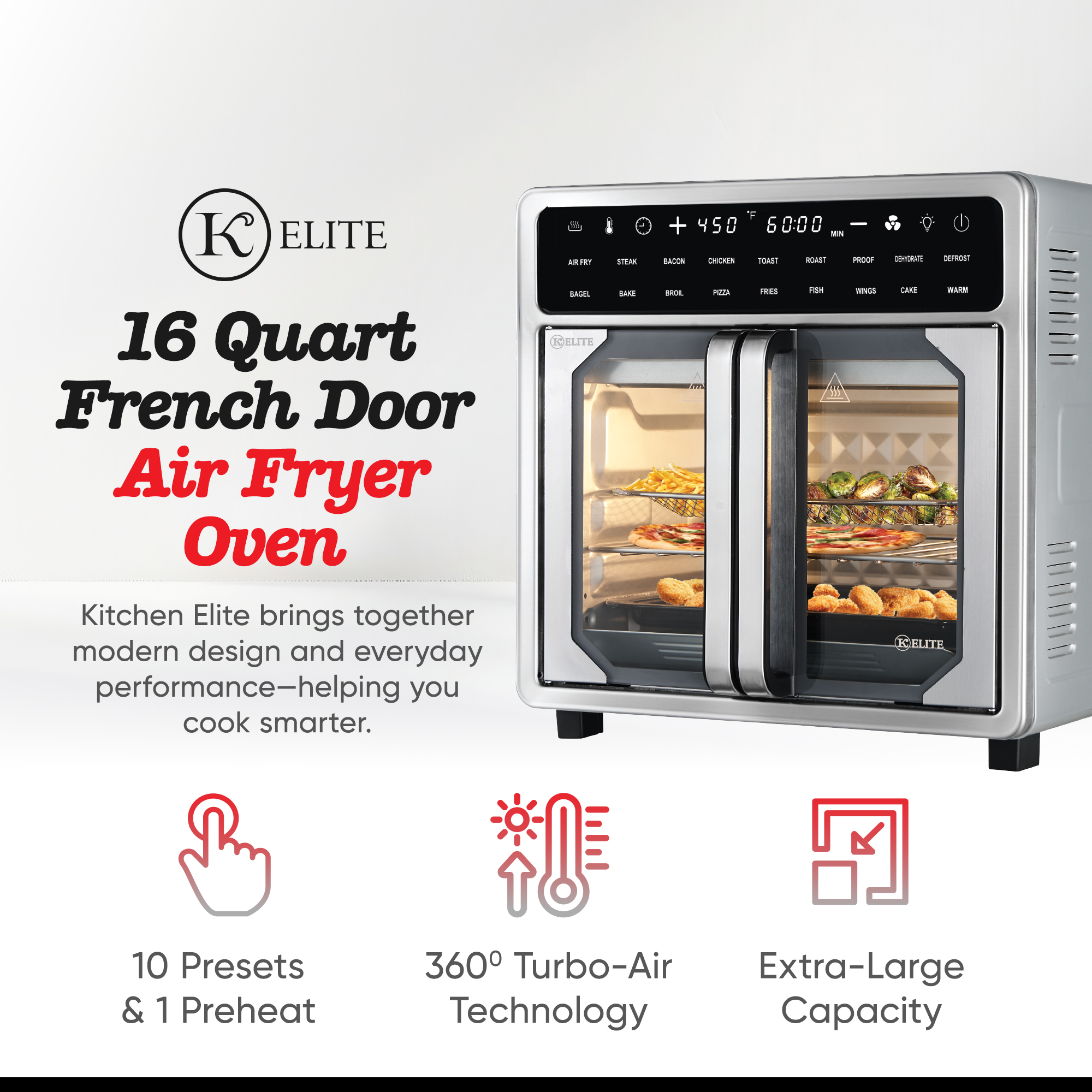 thumbnail video image 2 of Kitchen Elite 16 Qt French Door Air Fryer Oven, Countertop Cooker with LED Display, 2 of 9