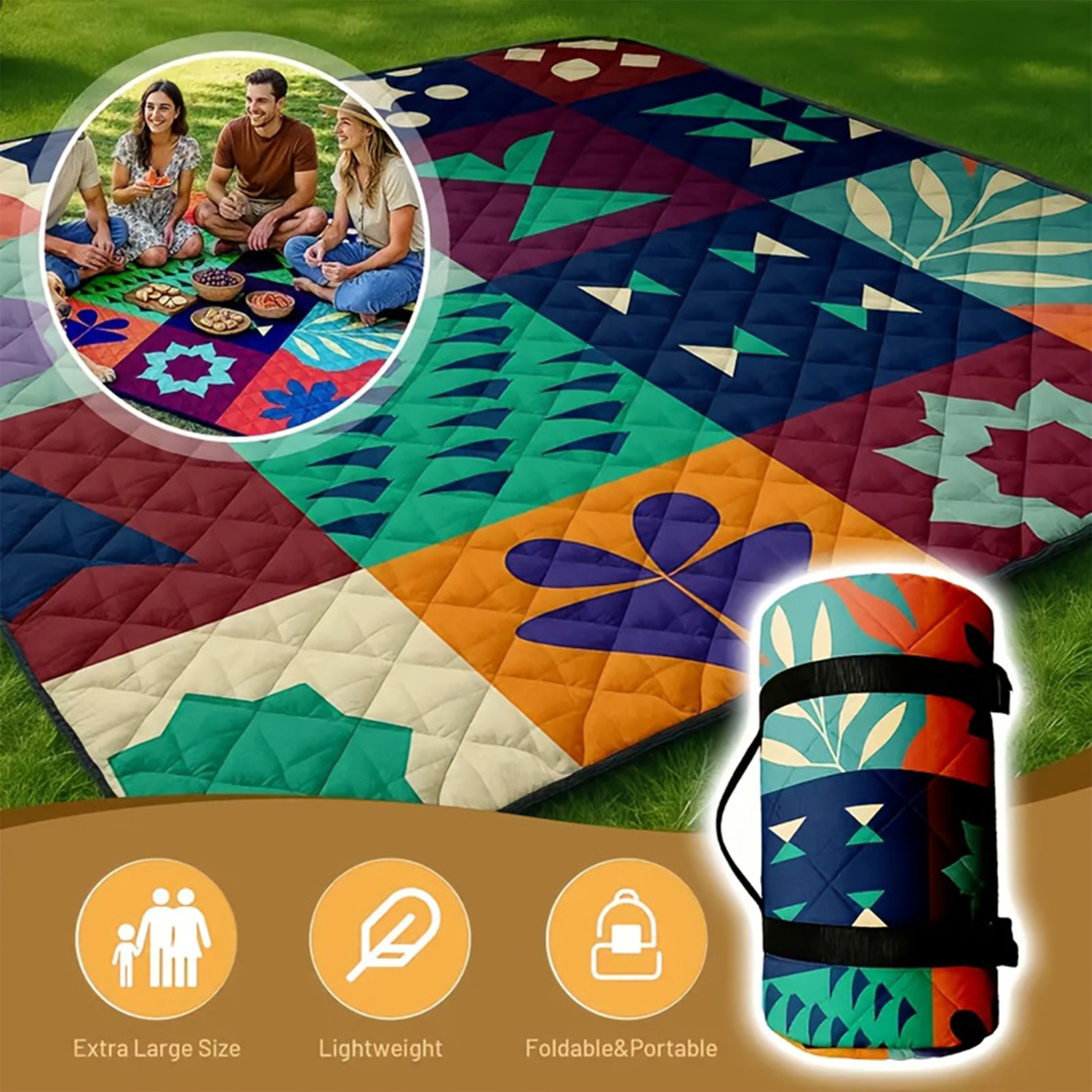thumbnail video image 2 of Waterproof Picnic Blanket 78x78 Inches Extra Large Size Multi-Color Floral Polyester Sand-Resistant Modern Camping Blanket, 2 of 9
