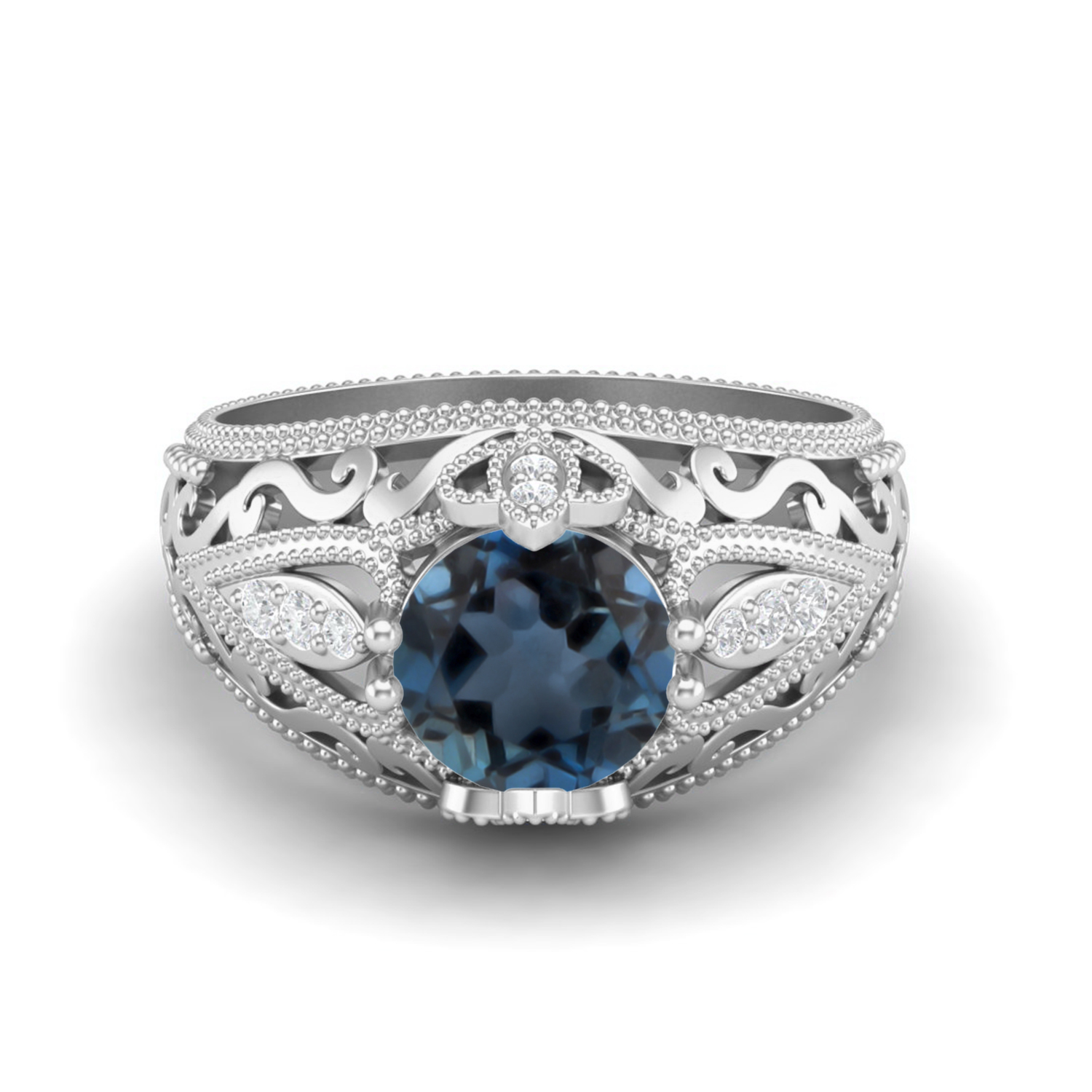 thumbnail video image 2 of 1.45 Ctw Round London Blue Topaz Antique Filigree Design 925 Sterling Silver Women Mother's Day Gift Ring, 2 of 4