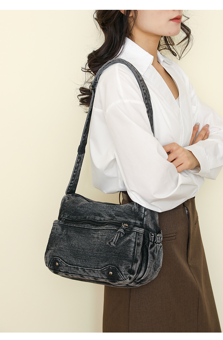 thumbnail video image 2 of Sunyuer Washed Denim Crossbody Bag for Women, Vintage Multi Pocket Shoulder Handbag, Casual Lightweight Large Capacity Messenger Bag, Adjustable Strap Daily Travel Purse, 2 of 8