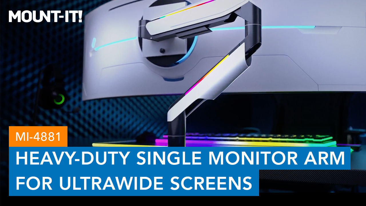 thumbnail video image 2 of Mount-It! Heavy-Duty Single Computer Monitor Arm for Ultrawide Curved Screens Up To 49", Gaming Monitor, RGB Lights, USB, 2 of 10