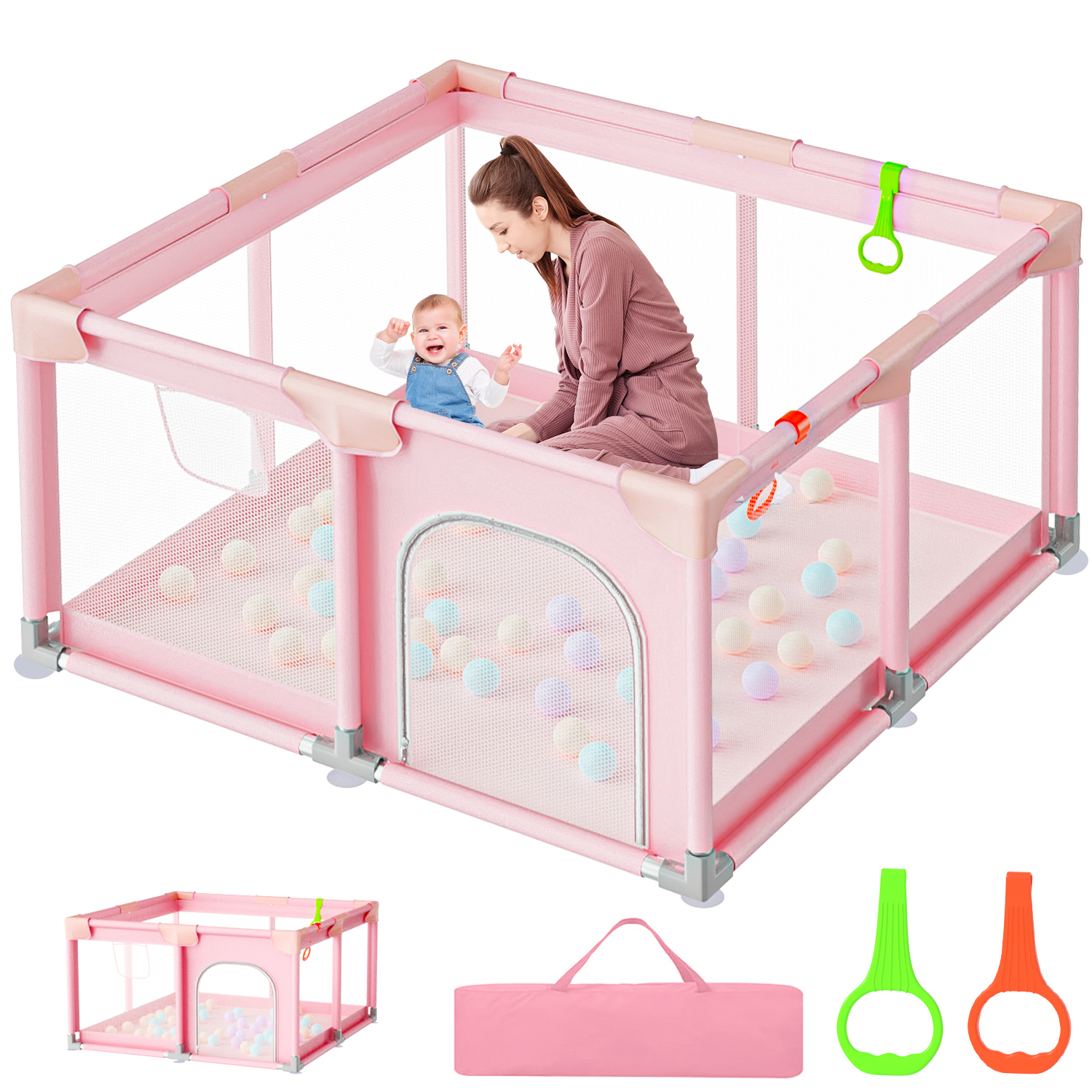 thumbnail video image 2 of JoyStone Baby Playpen, 50 x 50 in, Non-Slip Base, Soft Mesh Sides, 2 Pull-up Rings, Carry Bag, Pink, 2 of 12
