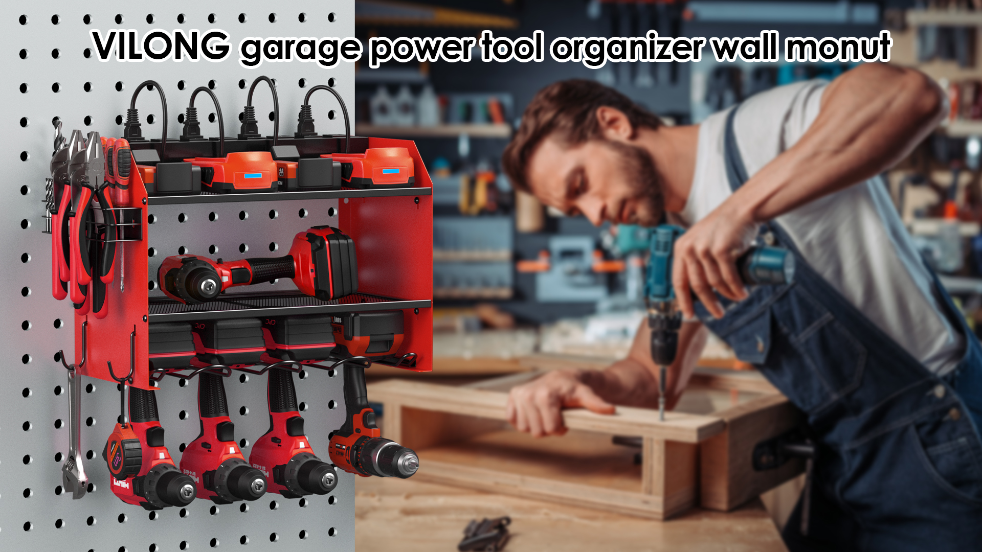 thumbnail video image 2 of VILONG Modular Power Tool Organizer Wall Mount with 8 Outlets Charging Station, 4 Drill Holder & Battery Rack, Heavy Duty Storage for Garage & Workshop, Gift for Men (Red), 2 of 11