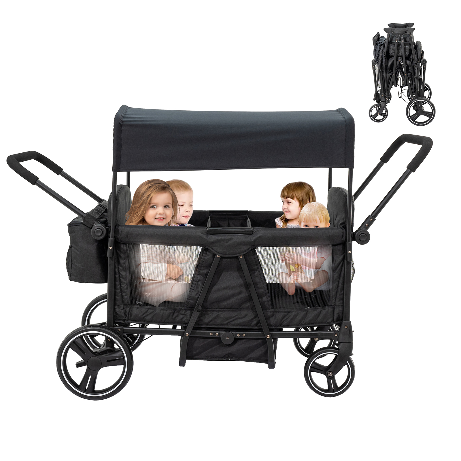 thumbnail video image 2 of Wagon Stroller for 4 Kids, 4-Seat Foldable Stroller Wagon with Adjustable Handlebar, Canopy, 5-Point Safety Harness & Parent Cup Holder, 2 of 11