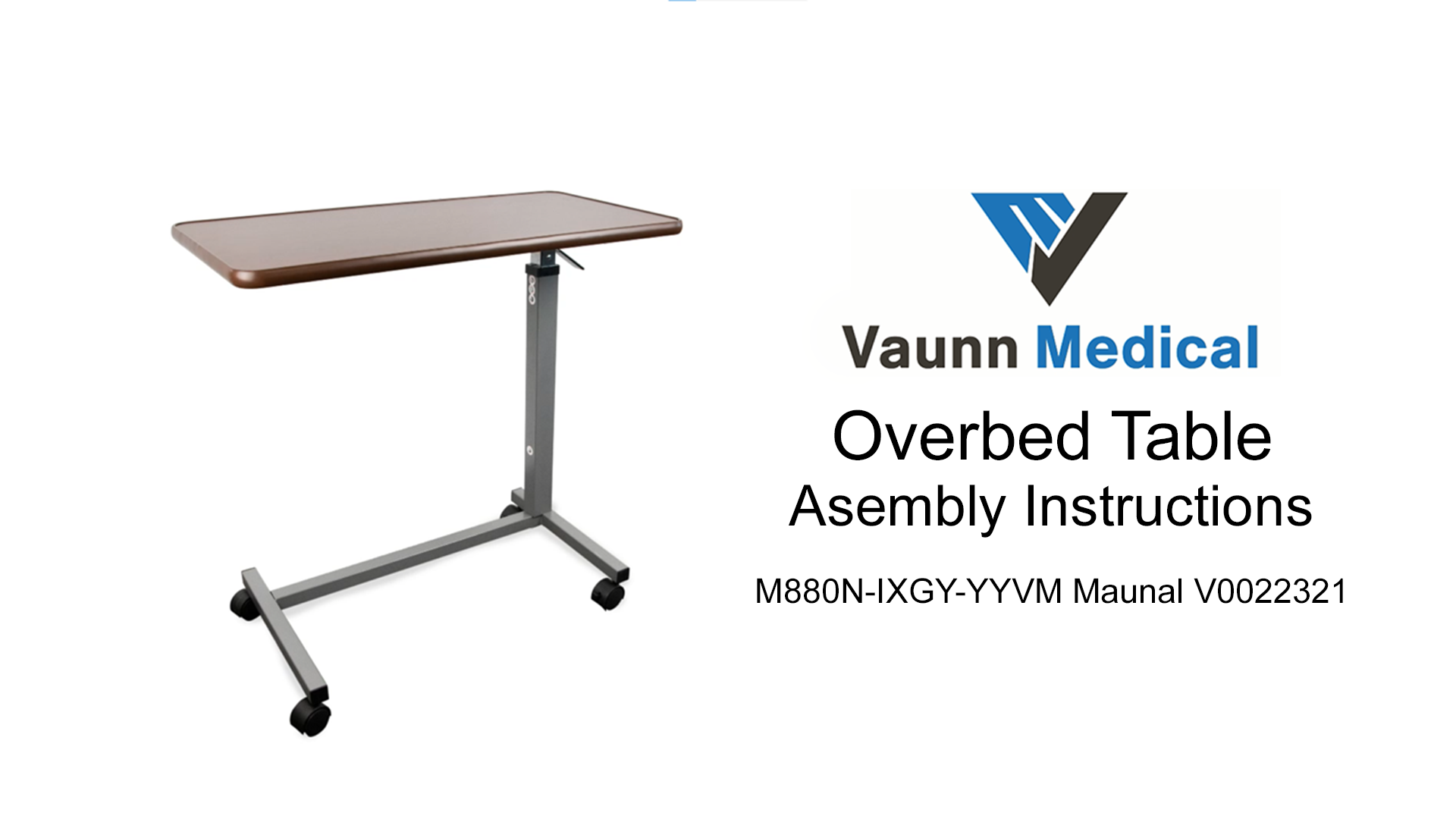 thumbnail video image 2 of Vaunn Adjustable Overbed Bedside Table with Wheels (Hospital and Home Use), 2 of 6