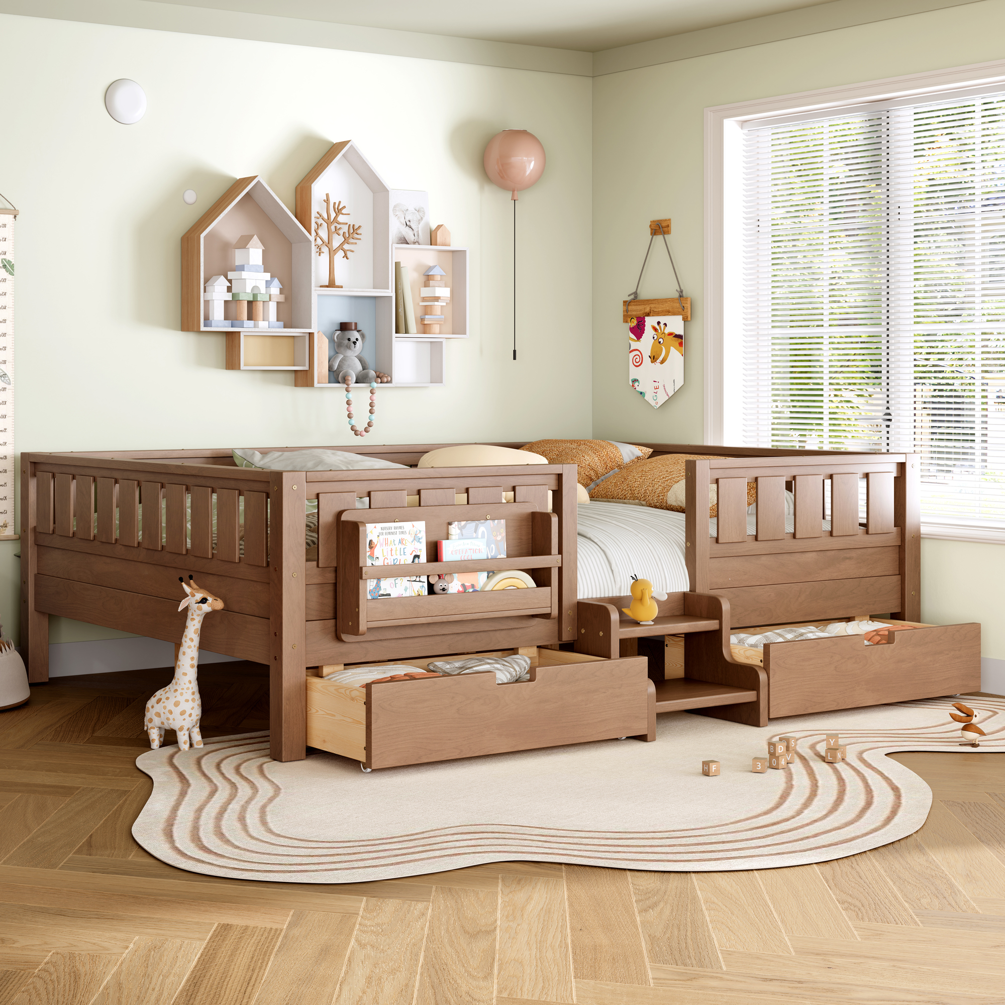 thumbnail video image 2 of Bellemave Twin Size Montessori Low Floor Bed with Staircase and Guardrails, Bed with Bookshelves and 2 Drawers, No Box Spring Needed, White, 2 of 11