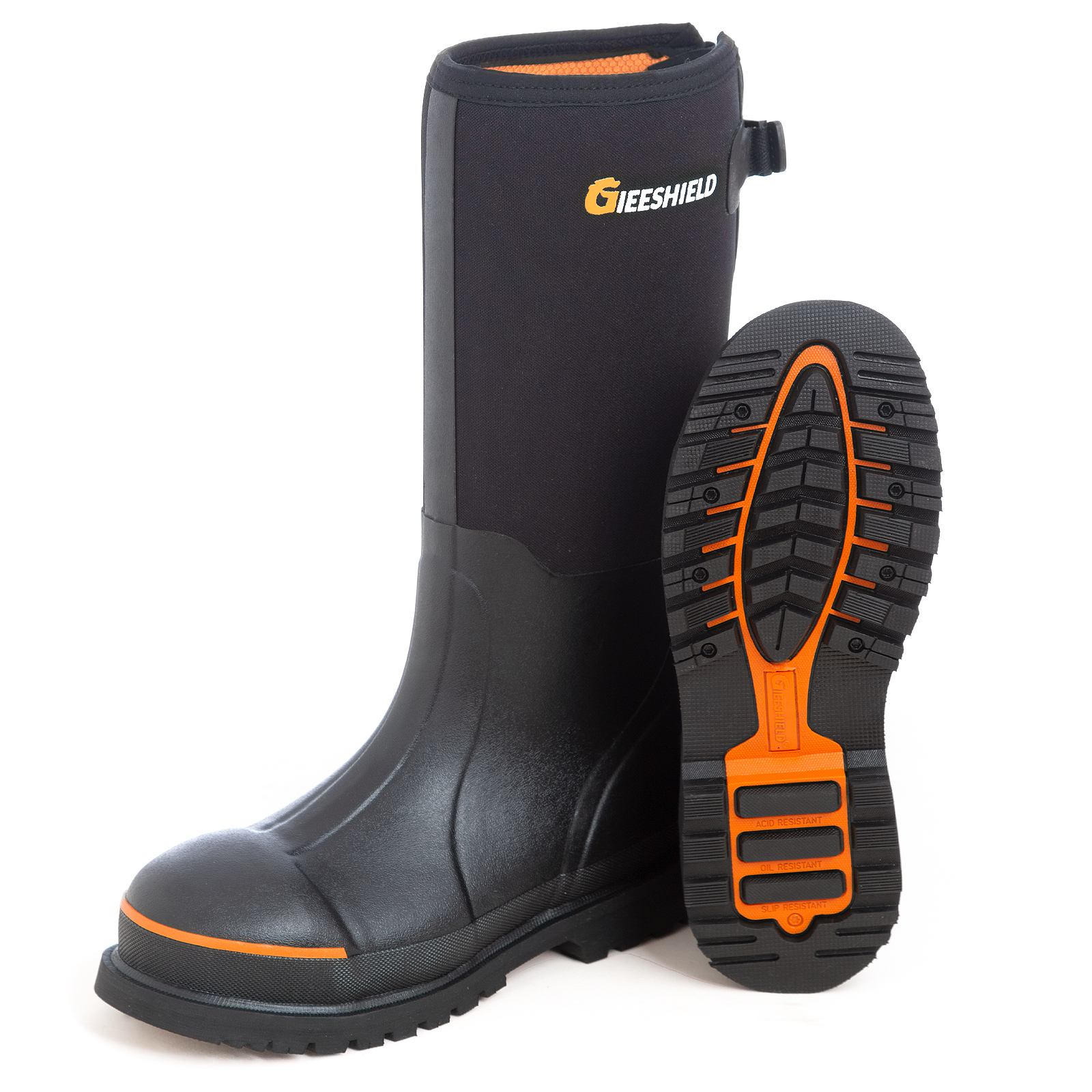 thumbnail video image 2 of GIEESHIELD Men's Steel Toe & Shank Work Boots - Waterproof Rubber Muck Boots with Anti-Slip 6mm Neoprene, Durable Construction Boots for Farming & Manufacturing, Size 9, 2 of 8