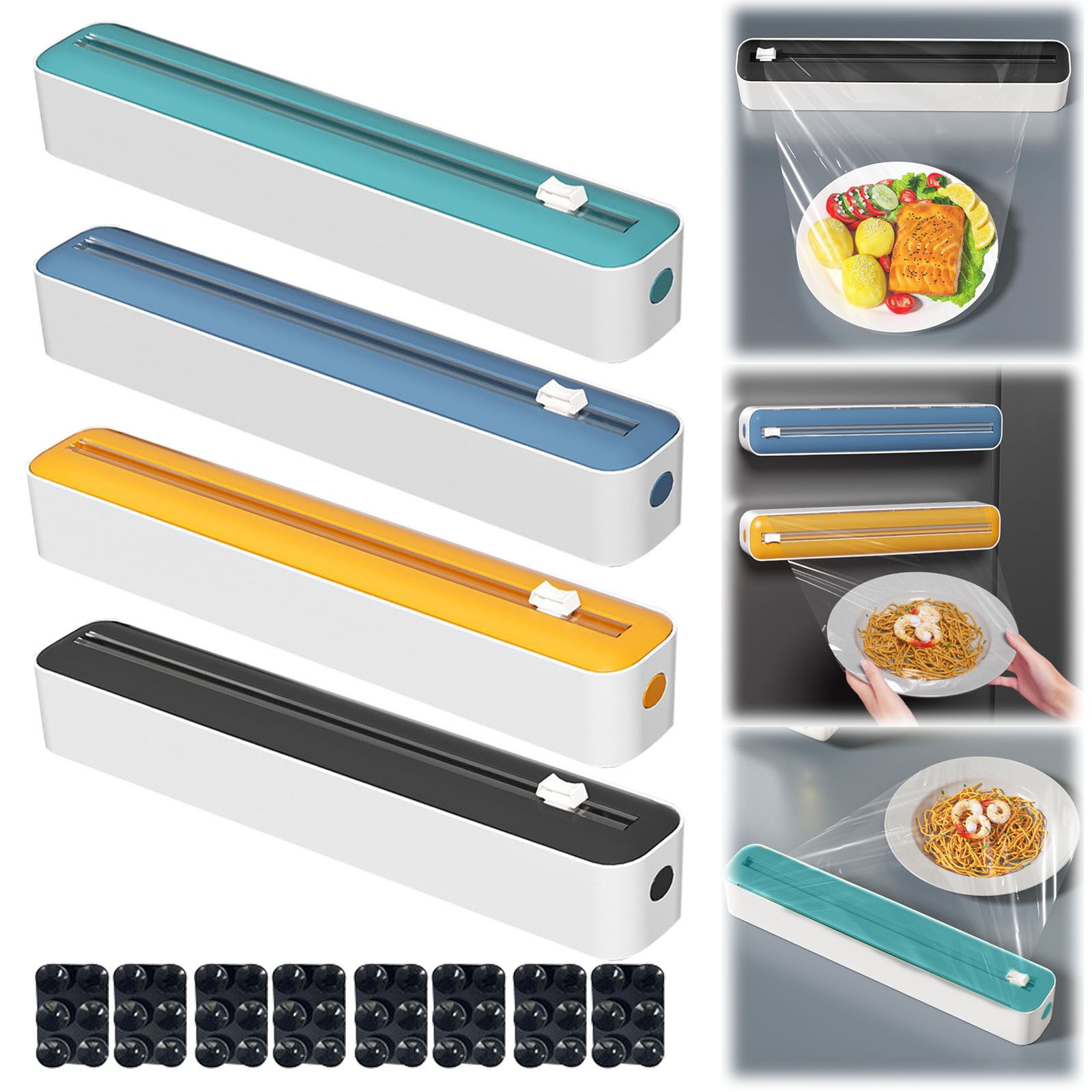thumbnail video image 2 of Wall Mounted Cling Wrap Dispenser with Built-in Cutter,Storage Organizer for Plastic Wrap, Aluminum Foil, Parchment Paper (Includes 2 Suction Cups),Blue,A, 2 of 10