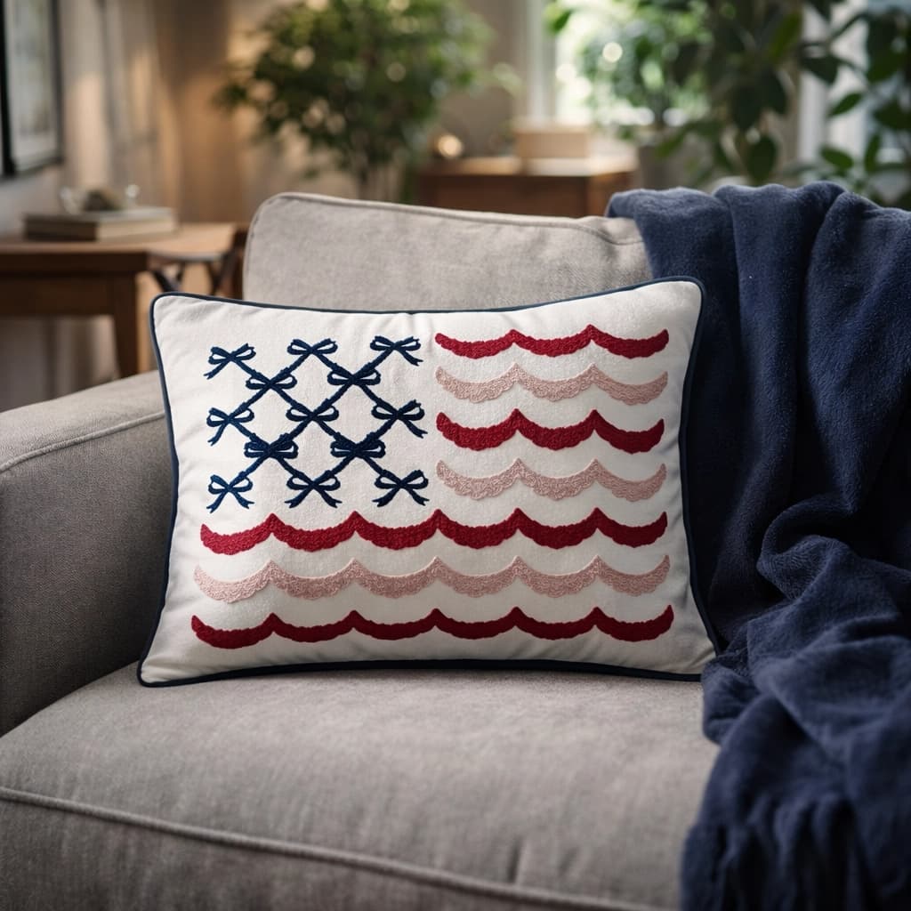 thumbnail video image 2 of Bow Flag 4th of July Decorative Pillow, Red White and Blue Patriotic Pillows, 19.5" X 14" USA Throw Pillows for Couch, Living Room, Bed, Outdoor, 2 of 8