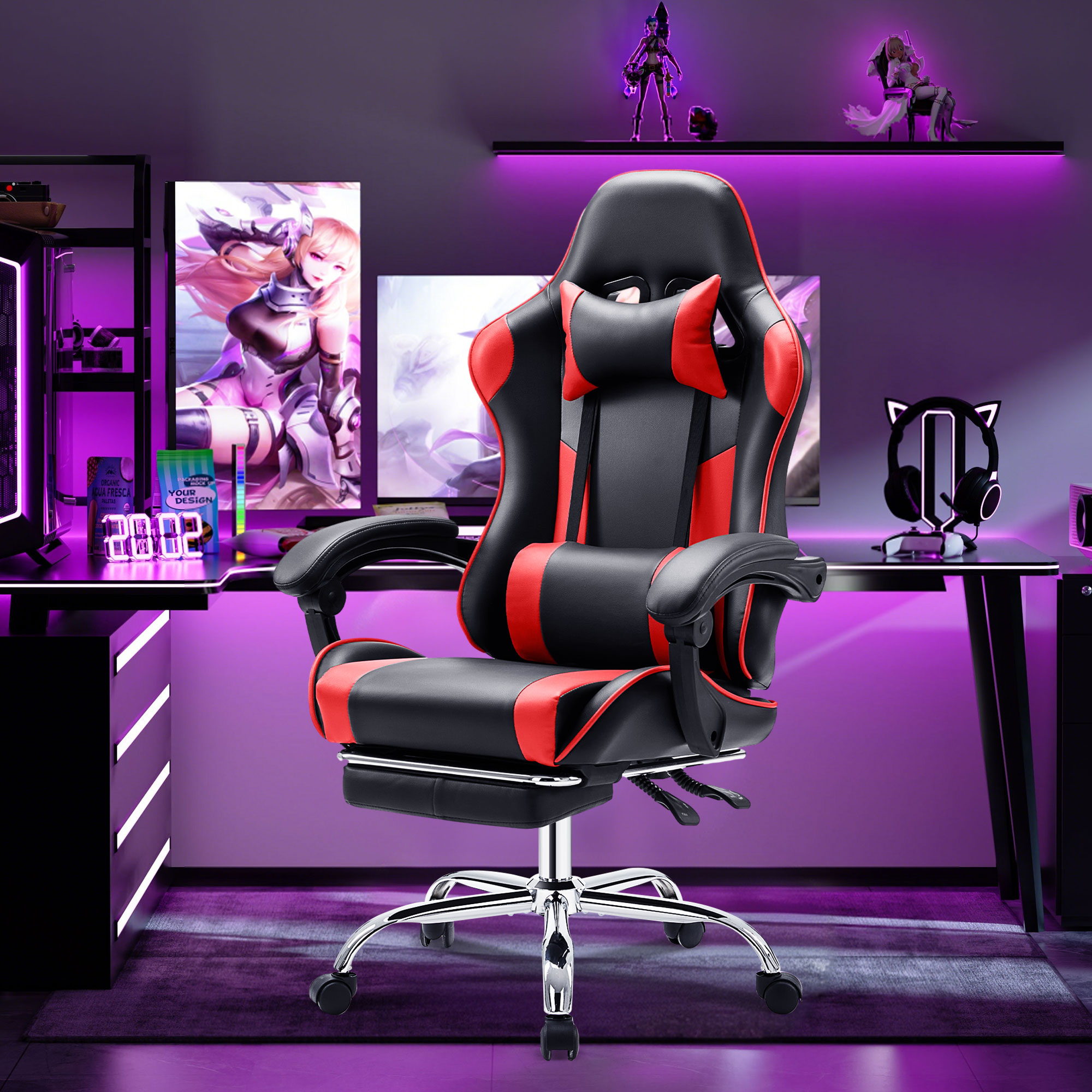 thumbnail video image 2 of JONPONY Big and Tall Gaming Chair, Ergonomic Design, Gamer Chair PU Leather with Footrest and Lumbar Support, High Back Office Chair Support 8 Hours Long Sitting, Computer Chair,Black Red, 2 of 8