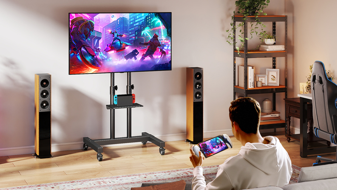 thumbnail video image 2 of RTVR Rolling TV Cart Stand with Wheels for 32 to 85 inch Screens Mobile Portable TV Stand, Modern Black, 2 of 12