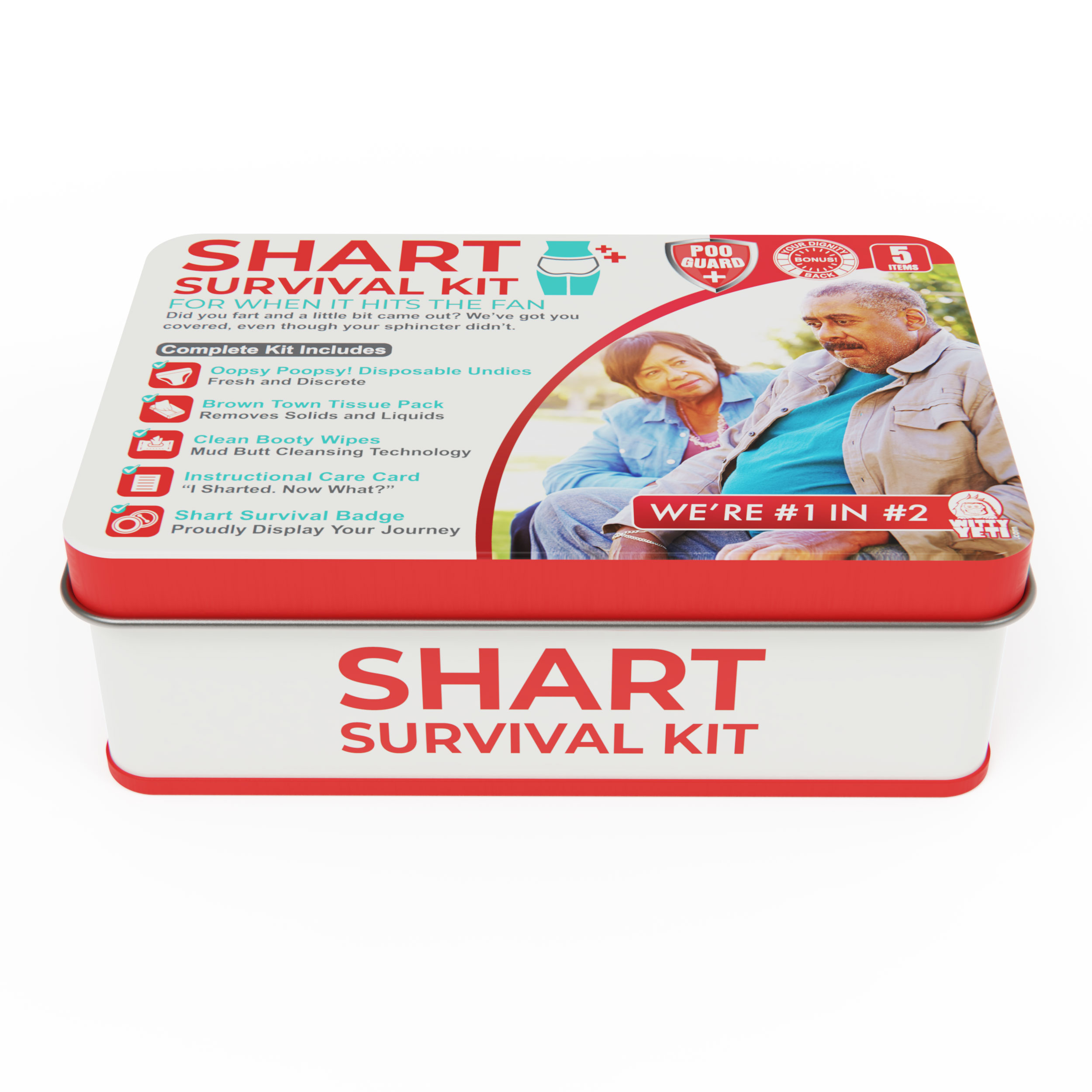  Funny Shart Survival Kit by Witty Yeti. Ultimate Poop Prank Gag Gift  Set Contains Wet Wipes, Disposable Underwear, Tissues and Hilarious Badge.  Novelty Fart Potty Pack Great for Friends or Family 