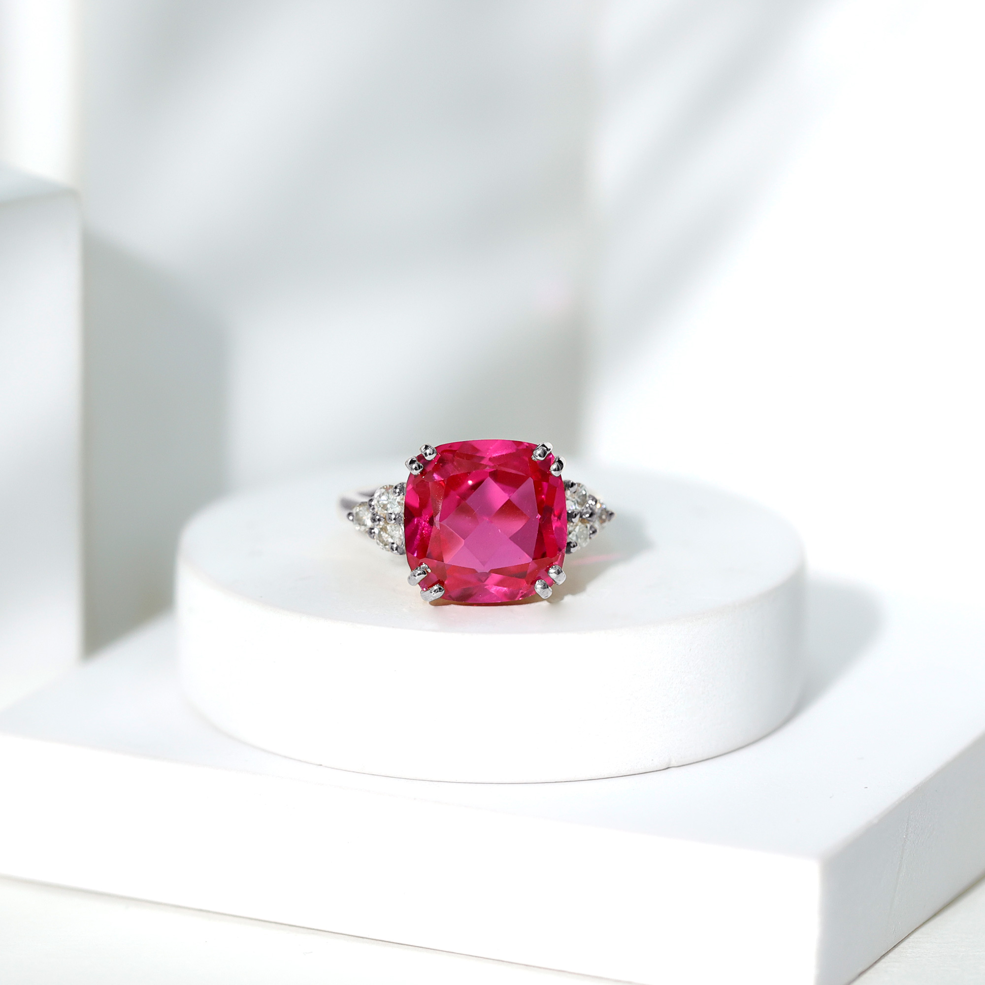 thumbnail video image 2 of Rosec Jewels Lab Grown Pink Sapphire Cushion Cut Engagement Ring (12 mm, AAAA Grade) - Sapphire Diamond Ring - with Jewelry Box, 925 Sterling Silver, US 4.00, 2 of 7