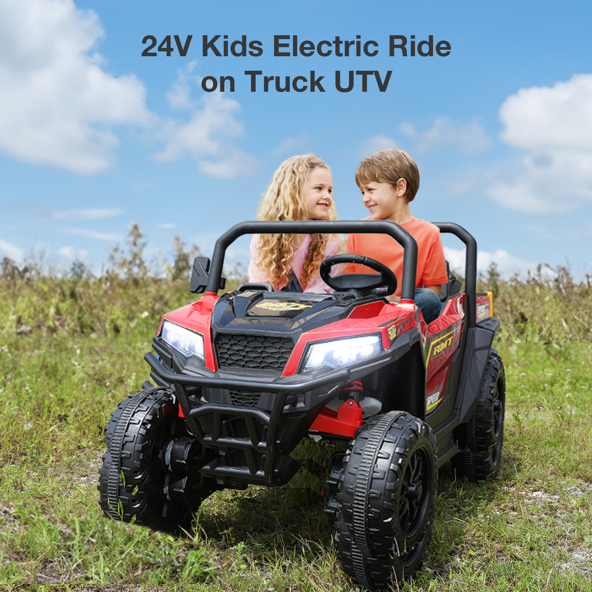 thumbnail video image 2 of FUNTOK 24V 2 Seater Electric Ride on Toys for Big Kids w/ 20 " Large Seat, 4 x 200W Motors, 2WD/4WD Switchable Ride on UTV Dump Truck w/ Dump Bed, Remote Control, LED Lights, Bluetooth & Music, Black, 2 of 8