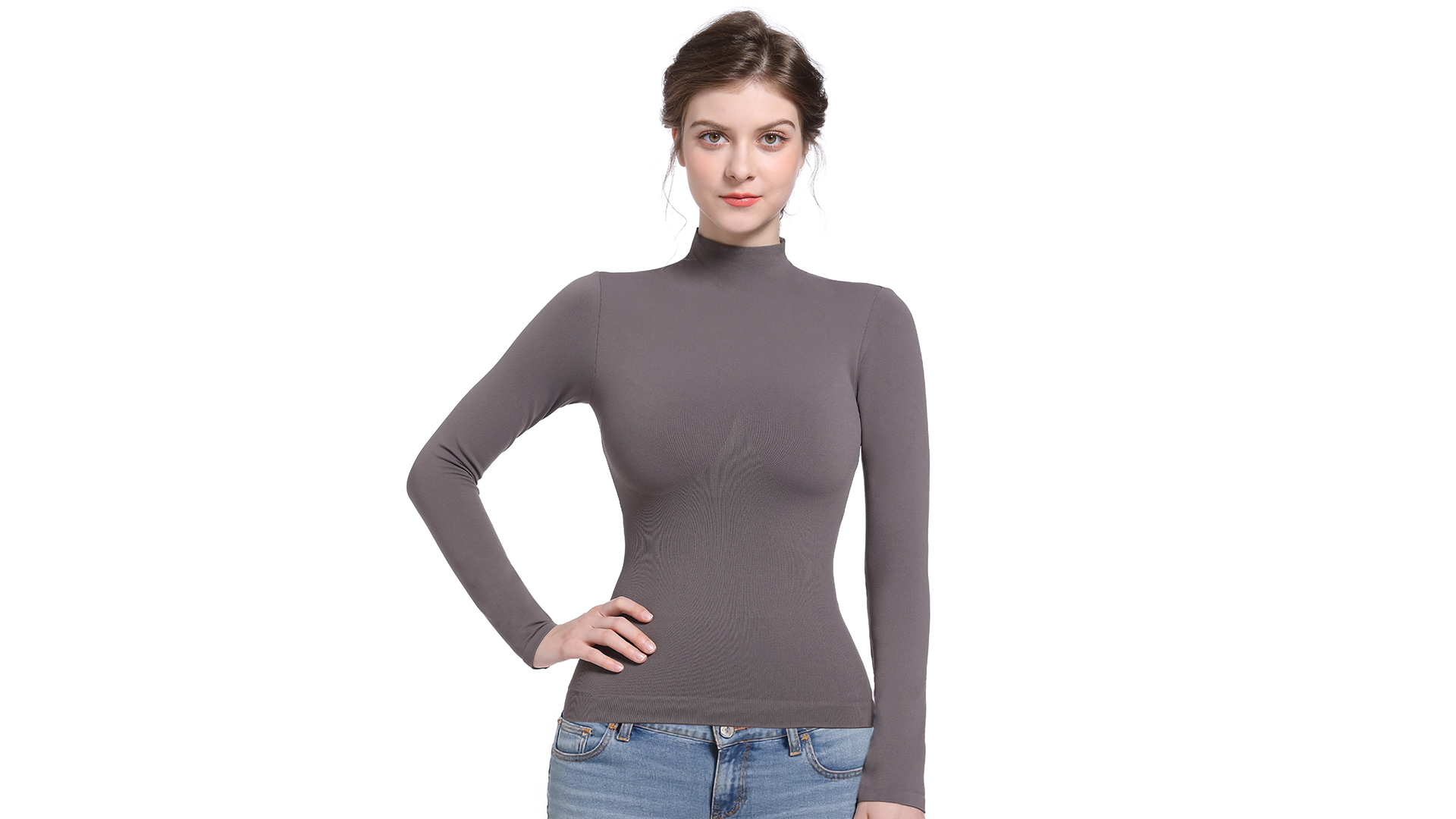 thumbnail video image 2 of SHAPERX Women's Long Sleeve T-Shirt Mock Neck Slim Fit Tops Basic Tee, 2 of 7