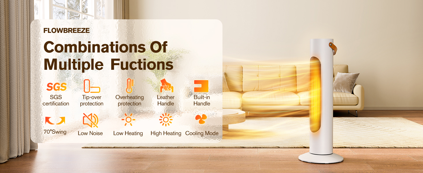 thumbnail video image 2 of 25" Tower Heater and Fan Combo, 70° Oscillating, 3-Second Instant Heating, 1500W, 3 Heating & Fan Modes, Portable Electric Heater for Indoor Use in Bedroom, Office, and Home, White, 2 of 7