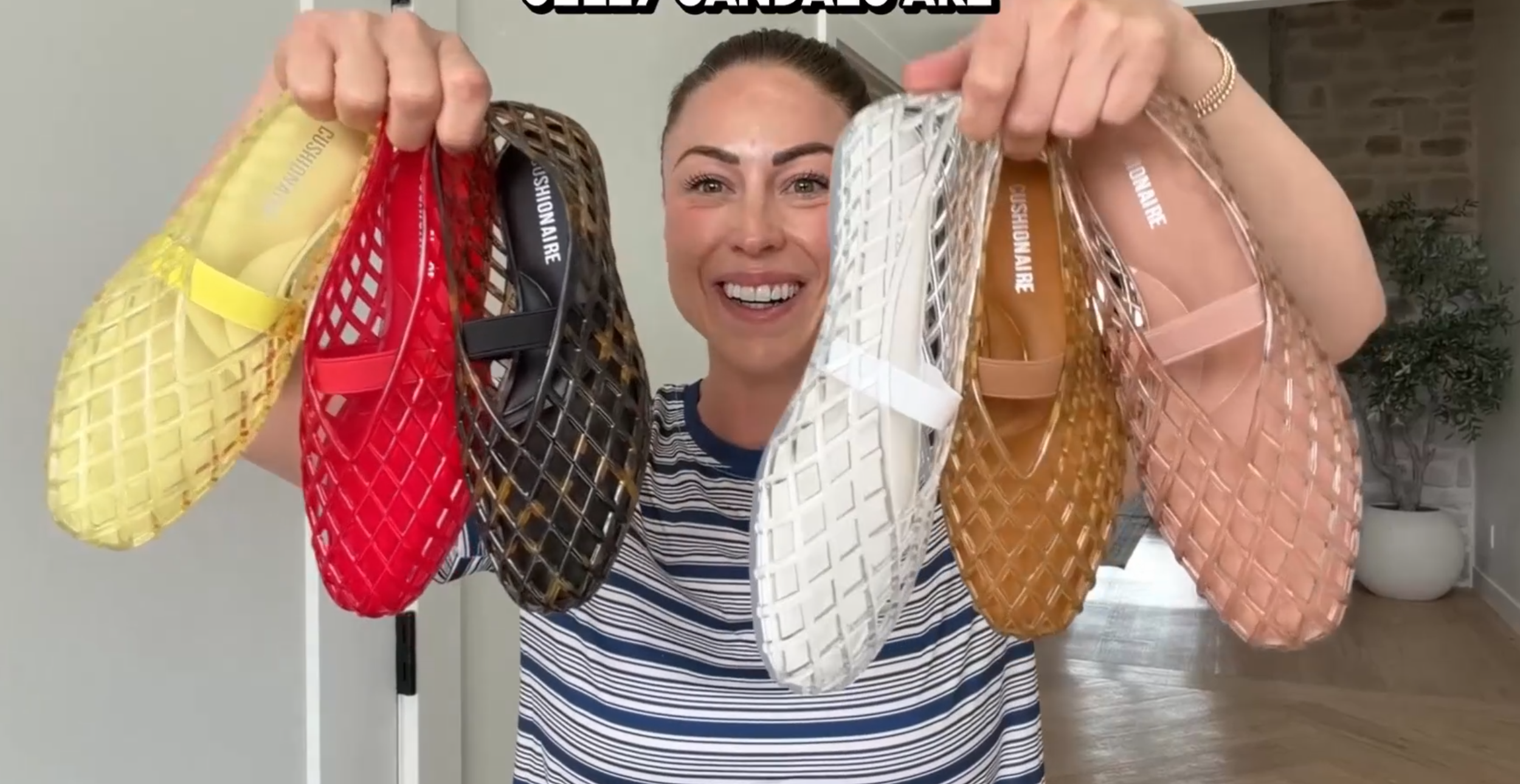 thumbnail video image 2 of Cushionaire Siesta Girls Jelly Sandals, Lattice Cut-Out Ballet Flats for Girls, Flexible Slip On Beach Shoes, 2 of 16