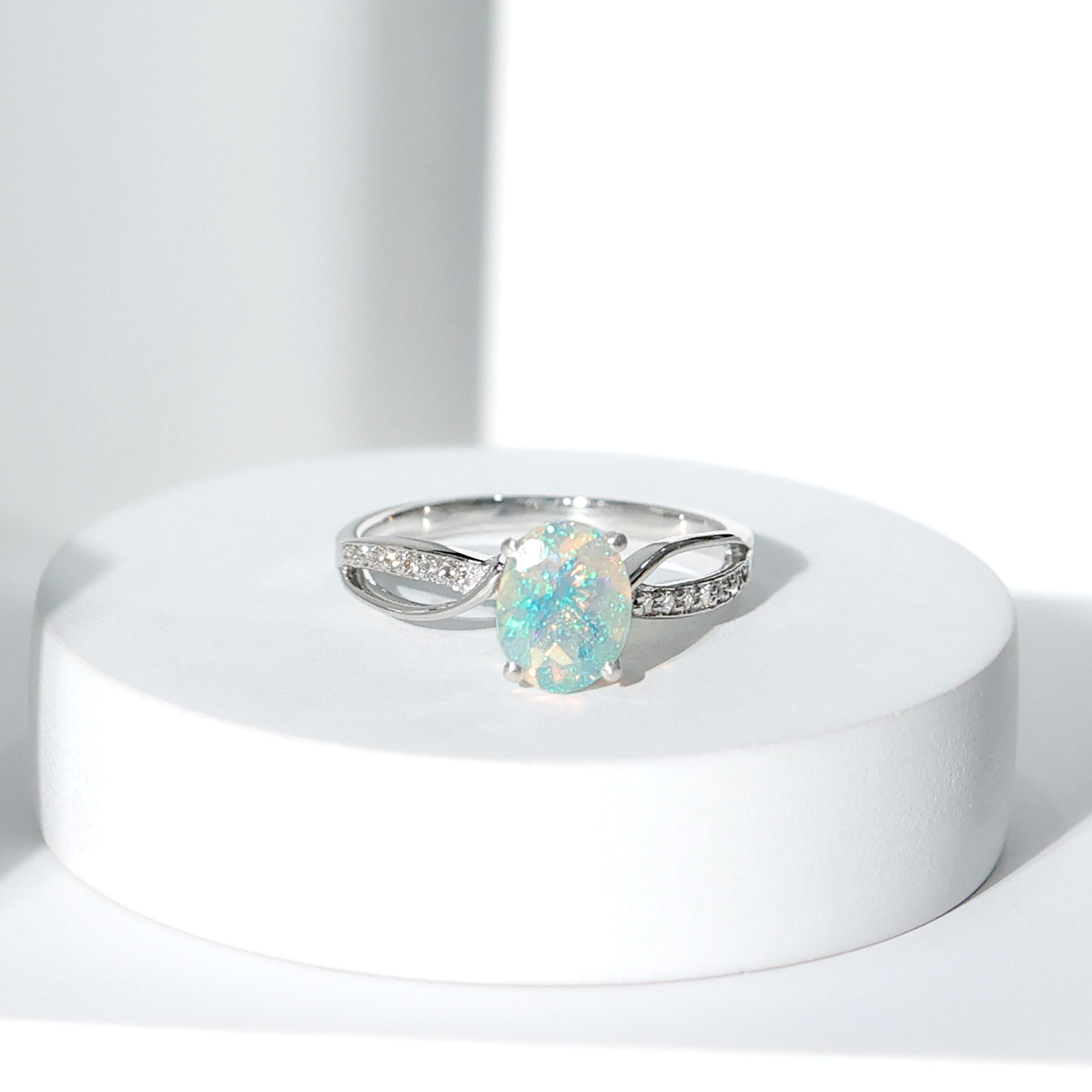 thumbnail video image 2 of Rosec Jewels Oval Ethiopian Opal Solitaire Ring with Diamond for Women - AAA Quality, 14K White Gold, US 8.00, 2 of 9