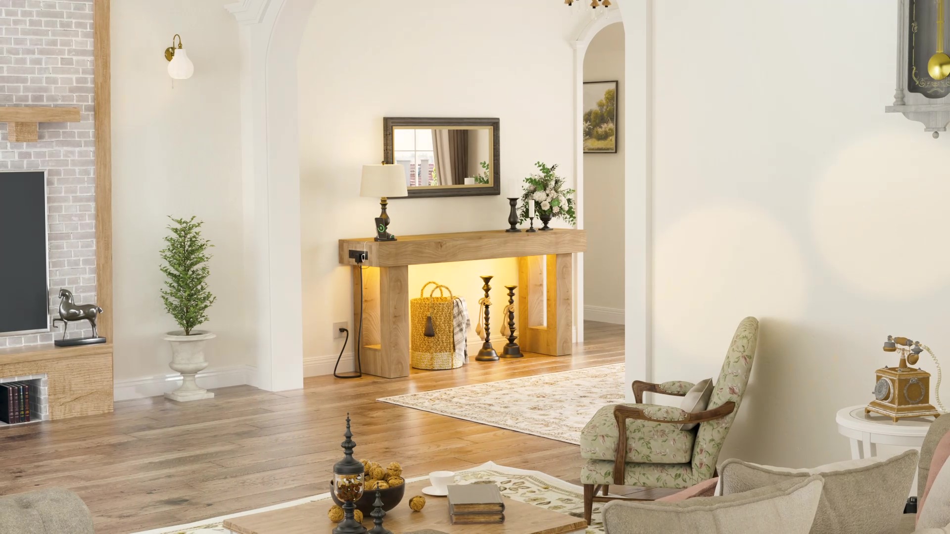 thumbnail video image 2 of Homieasy 63'' Farmhouse Console Table with Power Outlets and Sensor Light, Wooden Entryway Table Narrow End Table with Storage for Entrance, Hallway, Living Room, Bedroom, Cracked Oak, 2 of 9