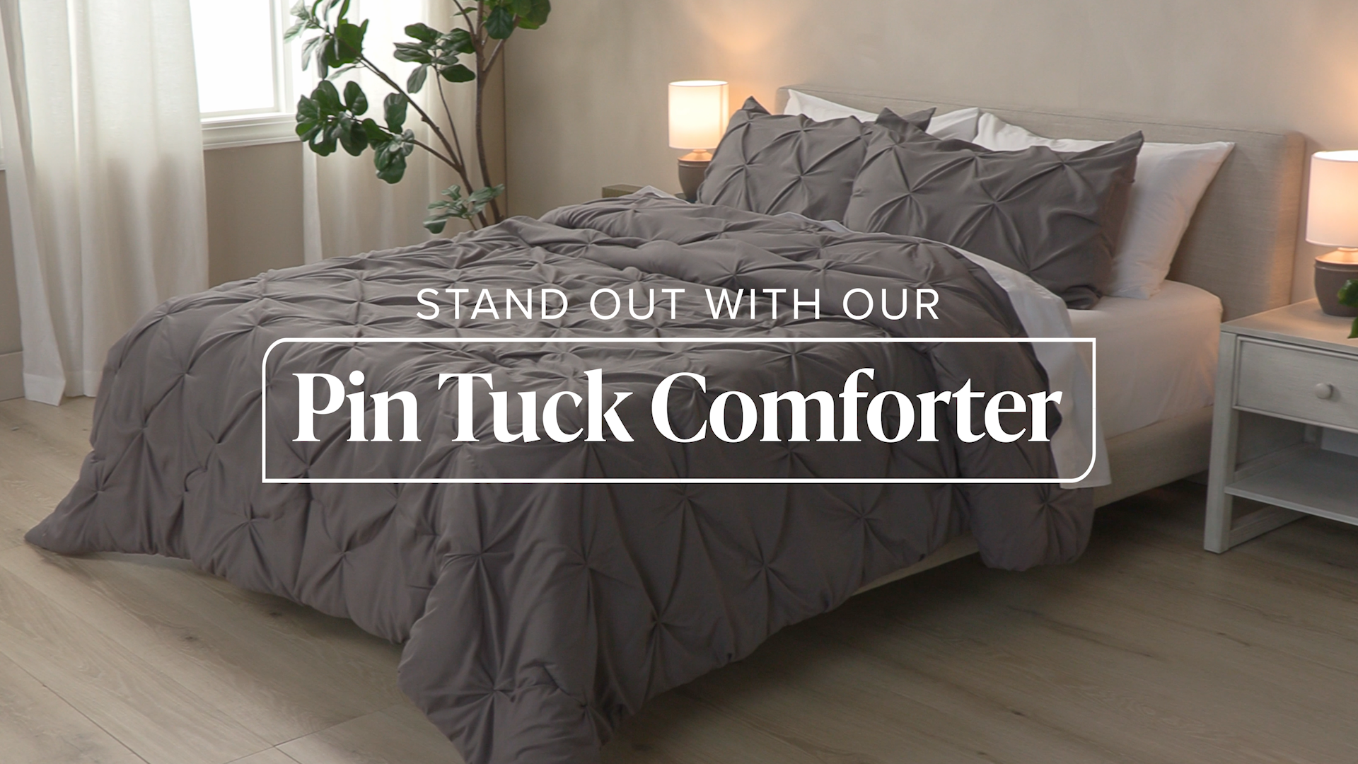 thumbnail video image 2 of Bare Home Pintuck Down Alternative Comforter Set - 3-Pieces - All Seasons - King, Grey, 2 of 8