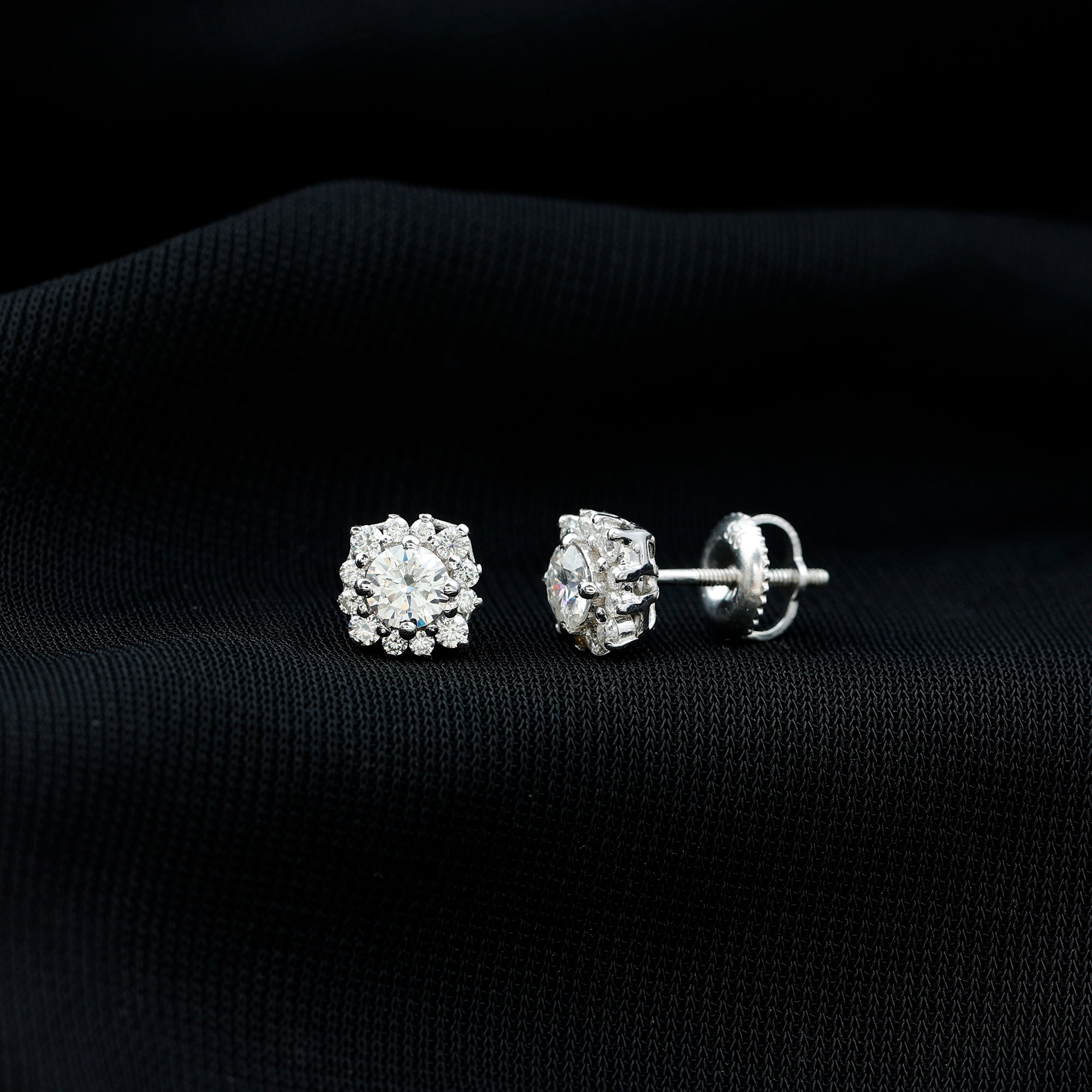 thumbnail video image 2 of Rosec Jewels 1.25 CT Classic Moissanite Stud Earrings with Halo, 10K White Gold, 2 of 8