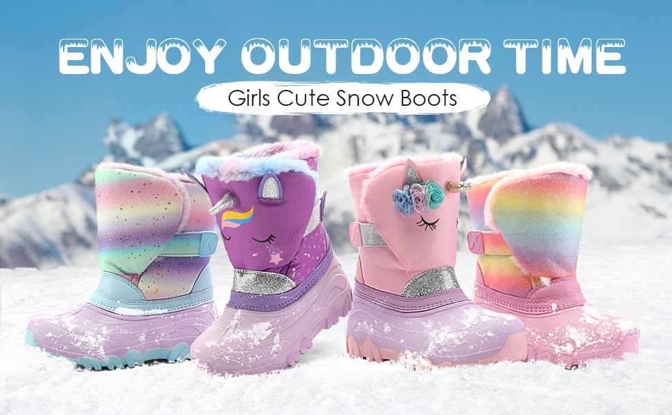 thumbnail video image 2 of Kushyshoo Girls Snow Boots with Faux Fur Lining Pink Unicorn Warm Winter Shoes for Kids Size 1, 2 of 8