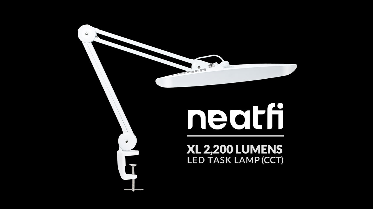thumbnail video image 2 of Neatfi Professional LED Task Lamp with Clamp, 2200 Lumens, 20-Inch Wide Head, Dimmable Work Light for Crafting, Quilting, Sewing, Home Office & Hobby Projects, White, 2 of 10
