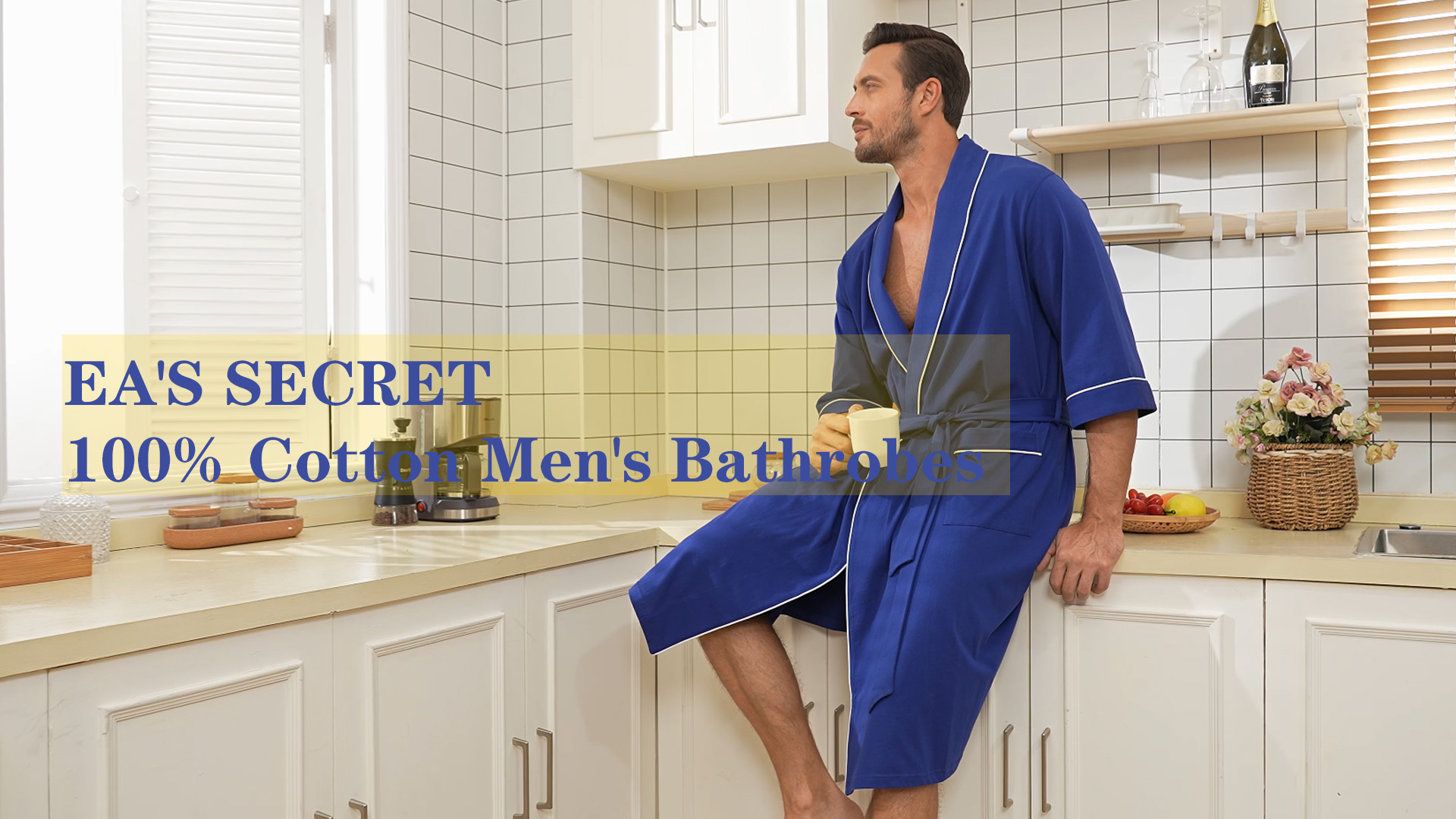 thumbnail video image 2 of EA'S SECRET 100% Cotton Mens Robe Ultra Soft Cotton Bathrobe Lightweight Kimono V Neck Collor Loungewear Knee Length with Pockets Spa Robes for Men ShorttSleeve Sleepwear(Blue,2XL), 2 of 8
