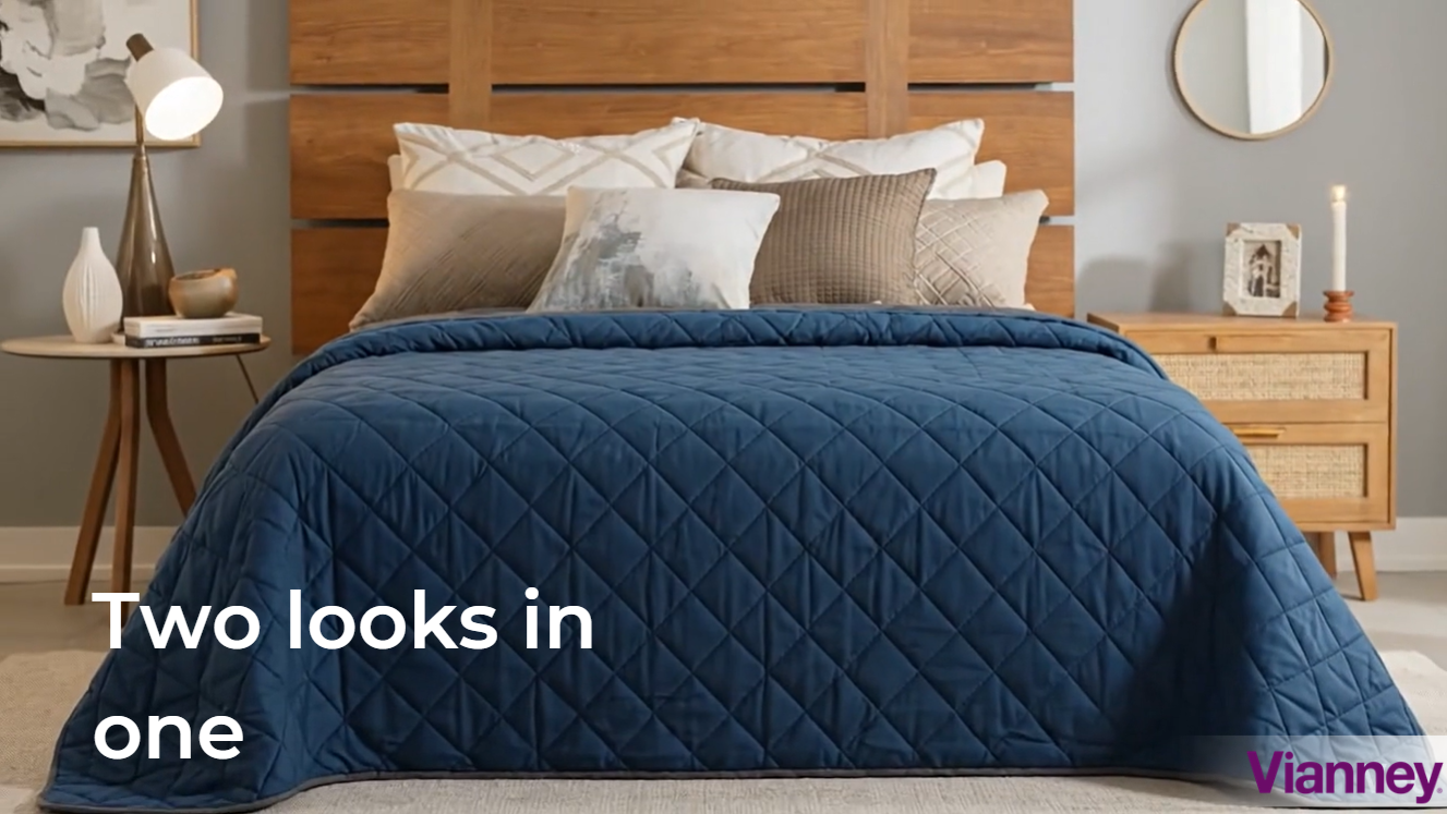 thumbnail video image 2 of Vianney - Twin Comforter - 71x93 Inches - Reversible Lightweight Blanket with Triangular Quilt Pattern - Year-Round Soft Cozy Bedding in Cobalt Blue and Dark Grey, 2 of 7